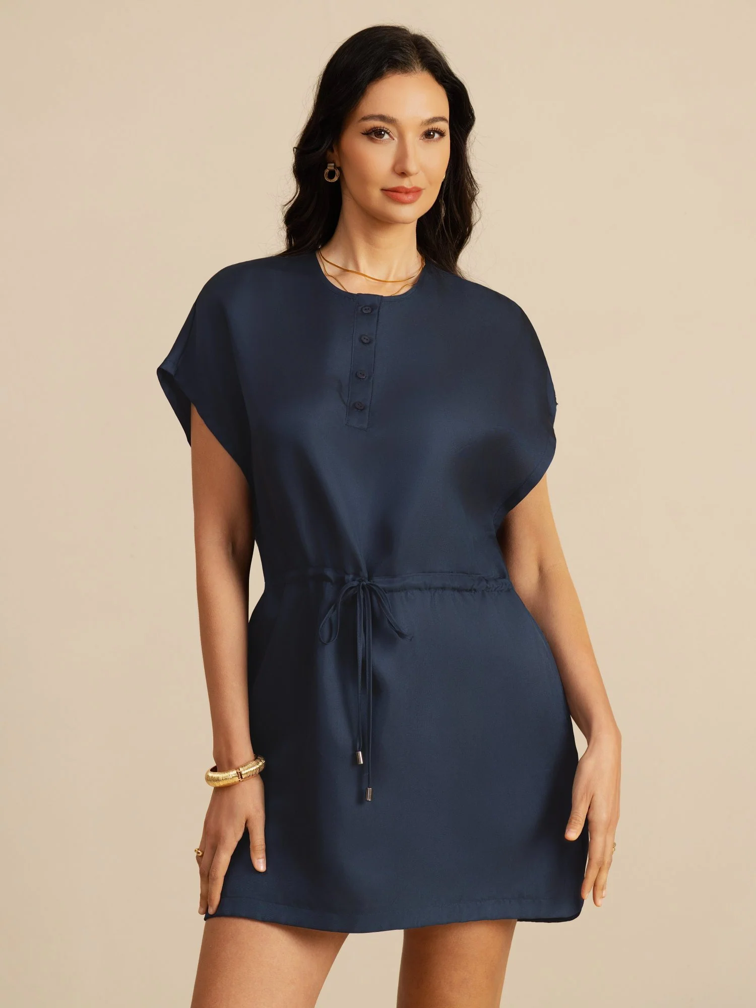 Pure Silk Henley Neck Cap Sleeve Short Dress With Drawstring - Image 15