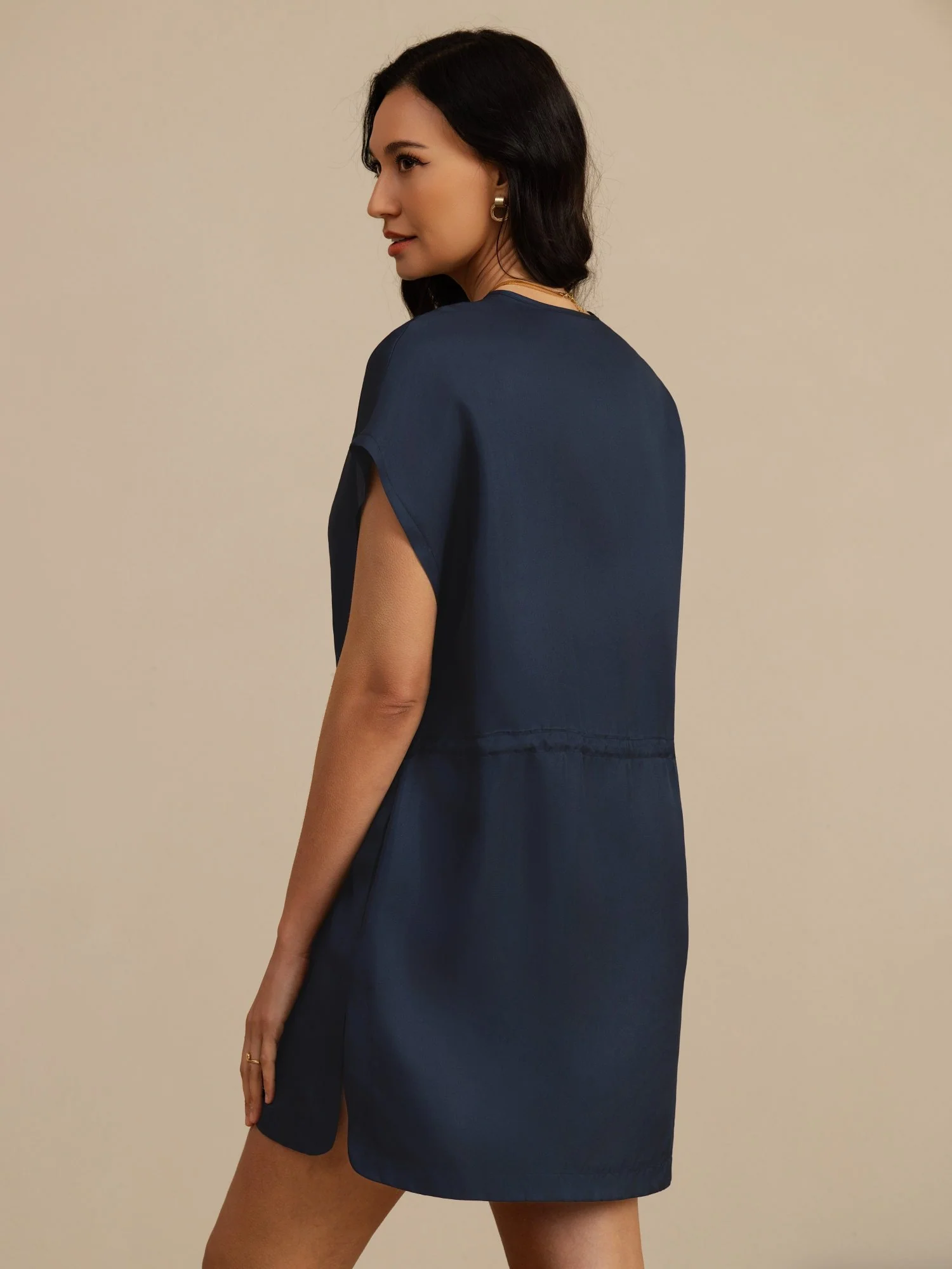 Pure Silk Henley Neck Cap Sleeve Short Dress With Drawstring - Image 16