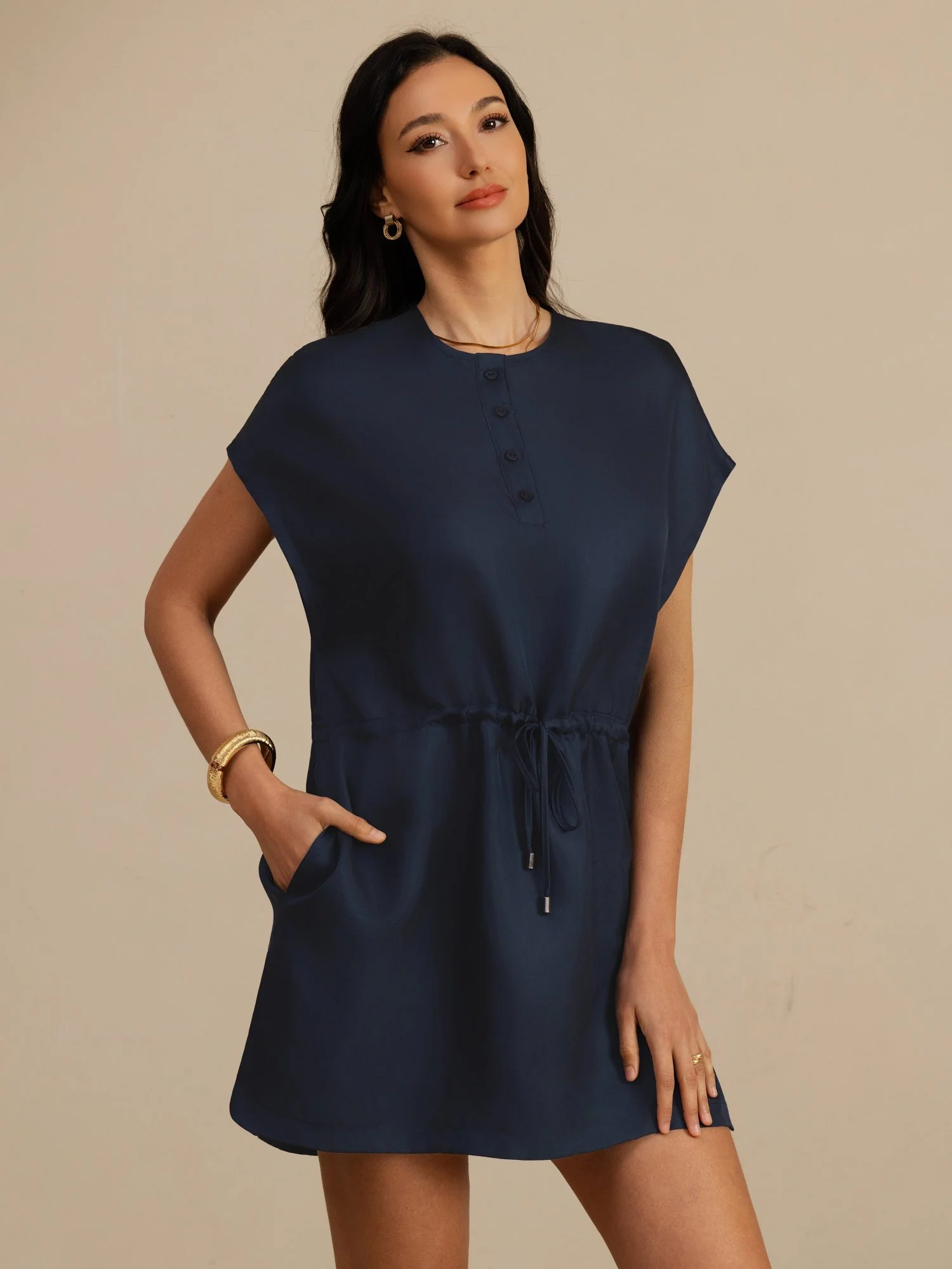Pure Silk Henley Neck Cap Sleeve Short Dress With Drawstring - Image 17