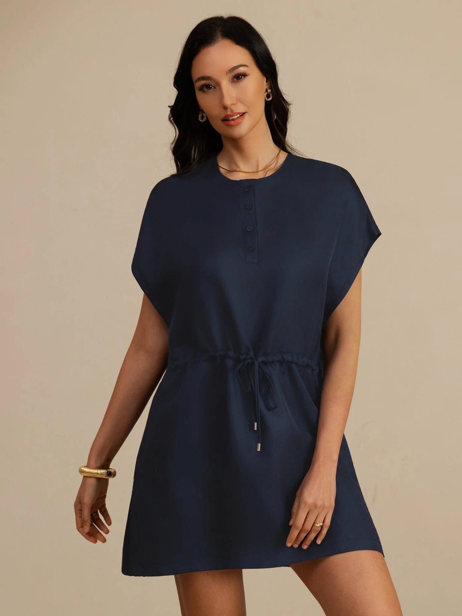 Pure Silk Henley Neck Cap Sleeve Short Dress With Drawstring - Image 18