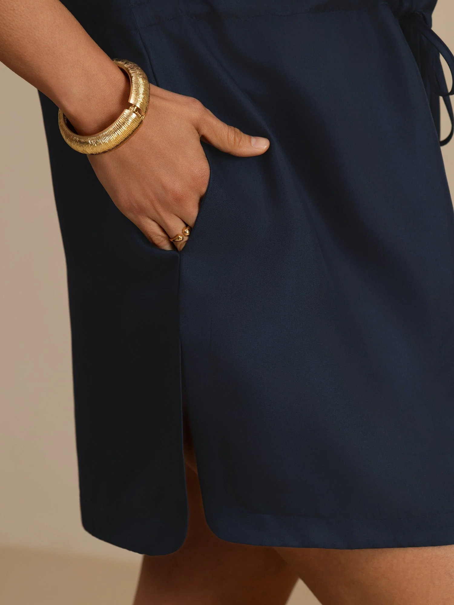Pure Silk Henley Neck Cap Sleeve Short Dress With Drawstring - Image 19