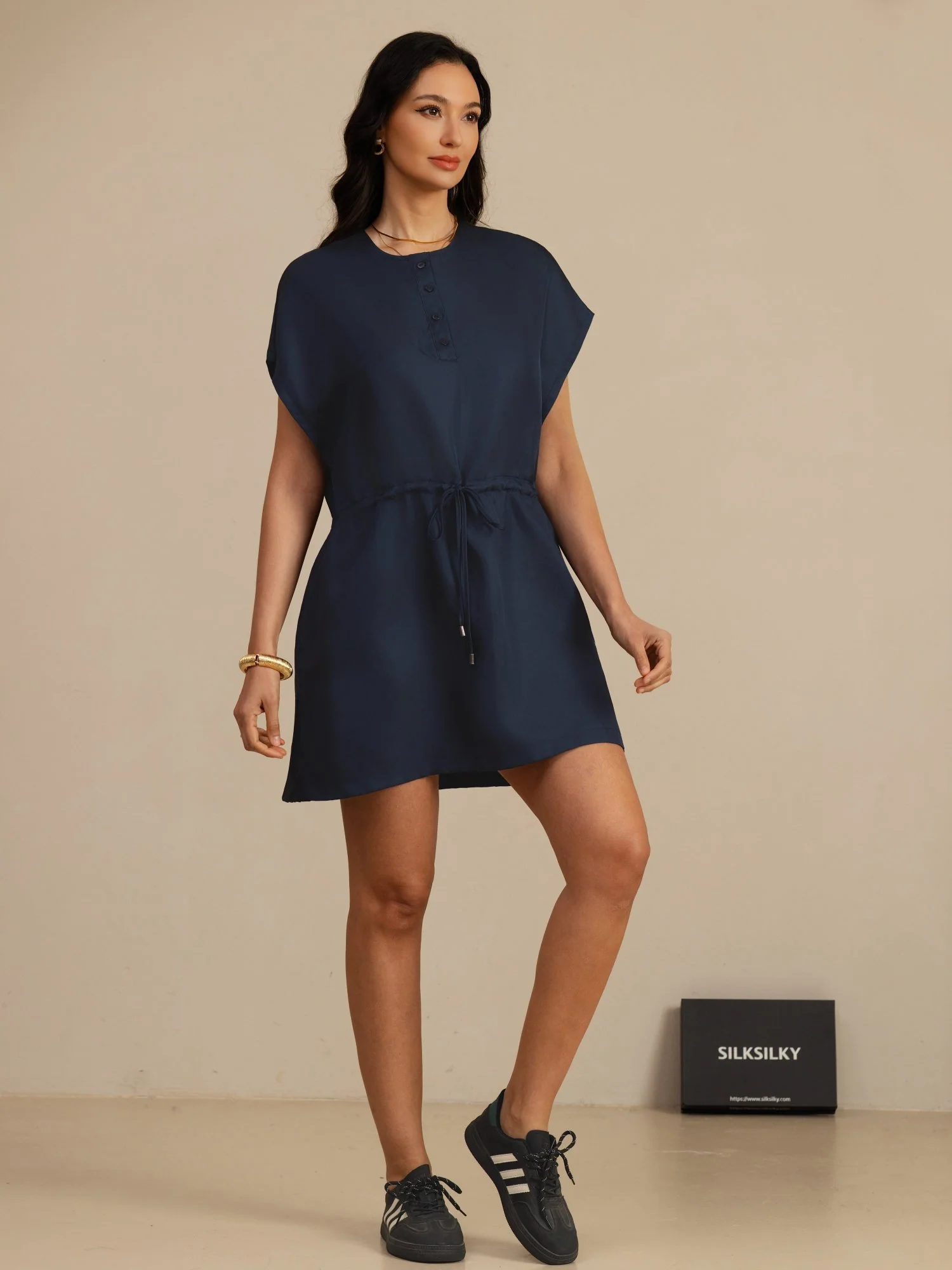 Pure Silk Henley Neck Cap Sleeve Short Dress With Drawstring - Image 21