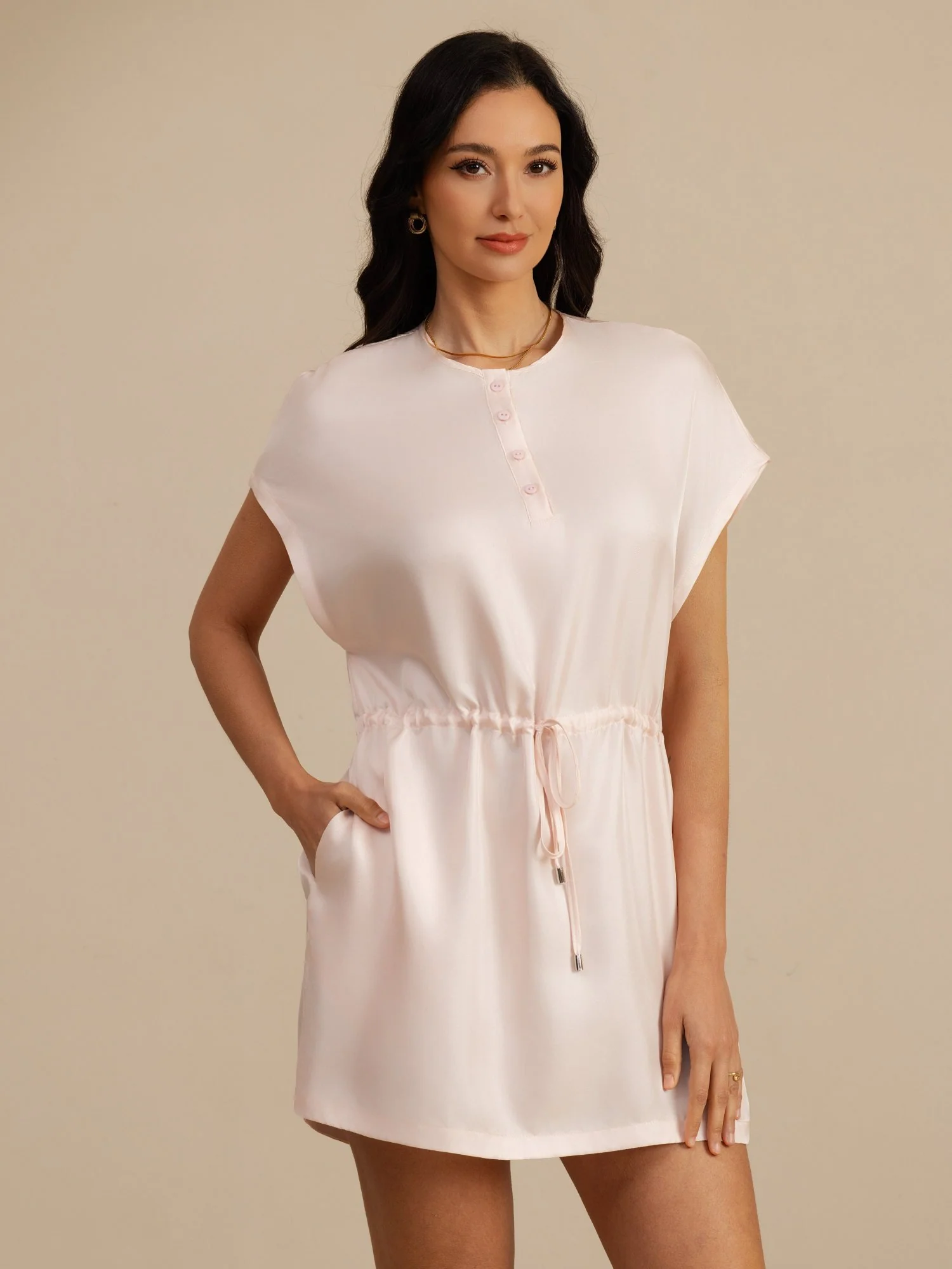 Pure Silk Henley Neck Cap Sleeve Short Dress With Drawstring - Image 22