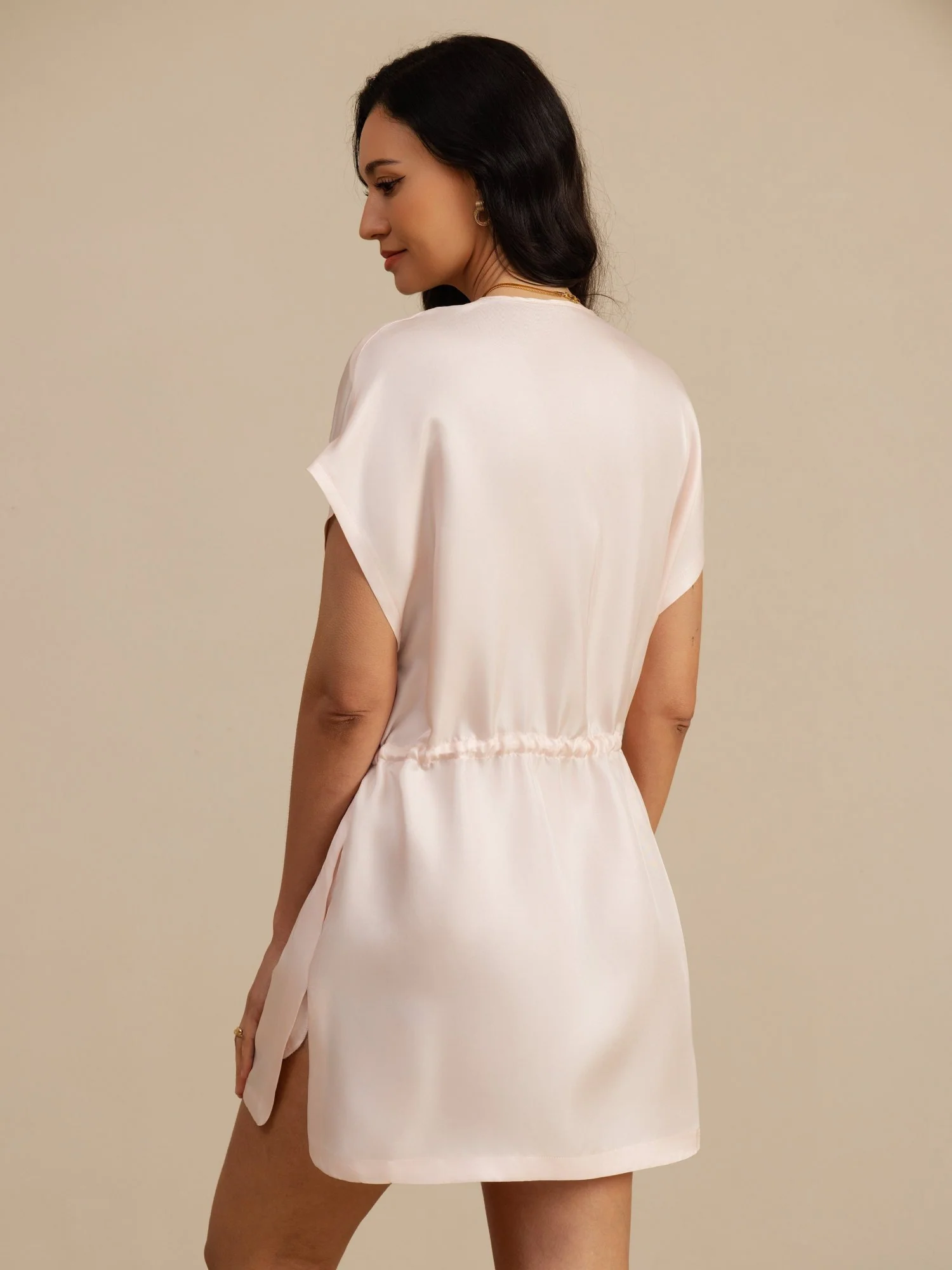 Pure Silk Henley Neck Cap Sleeve Short Dress With Drawstring - Image 23