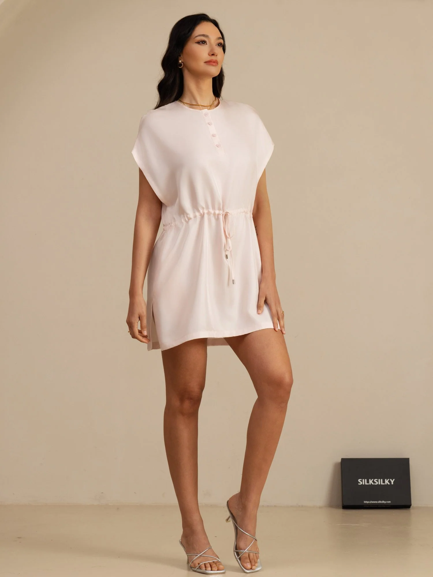Pure Silk Henley Neck Cap Sleeve Short Dress With Drawstring - Image 27