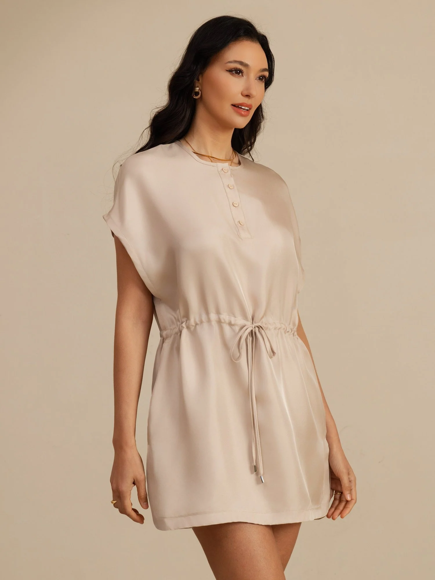 Pure Silk Henley Neck Cap Sleeve Short Dress With Drawstring - Image 3