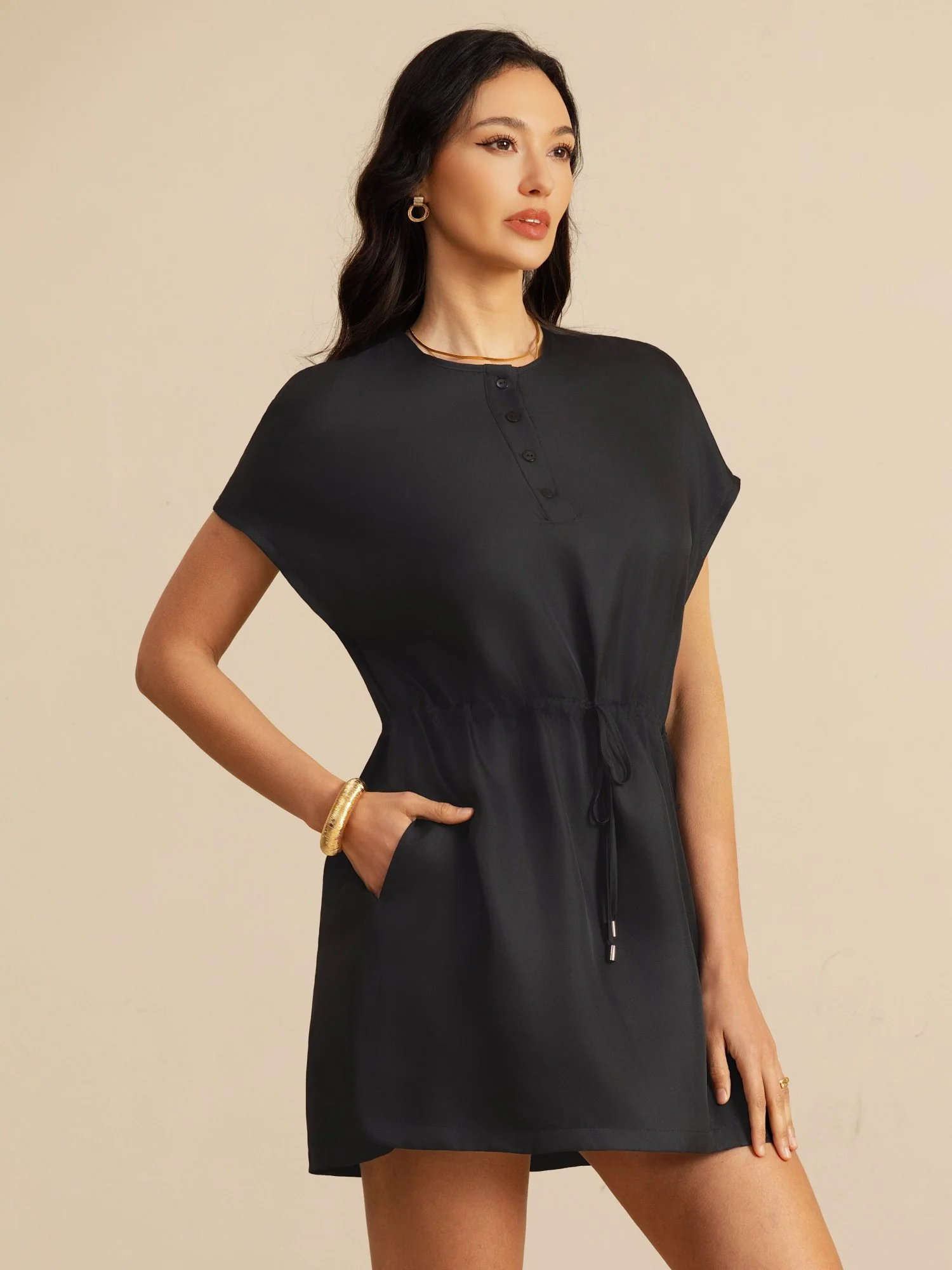 Pure Silk Henley Neck Cap Sleeve Short Dress With Drawstring - Image 8