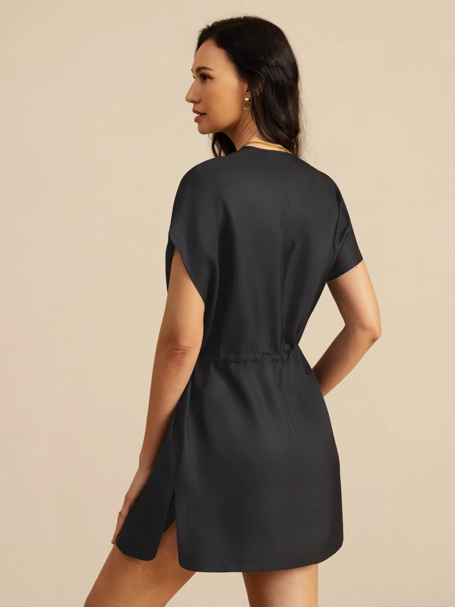 Pure Silk Henley Neck Cap Sleeve Short Dress With Drawstring - Image 9