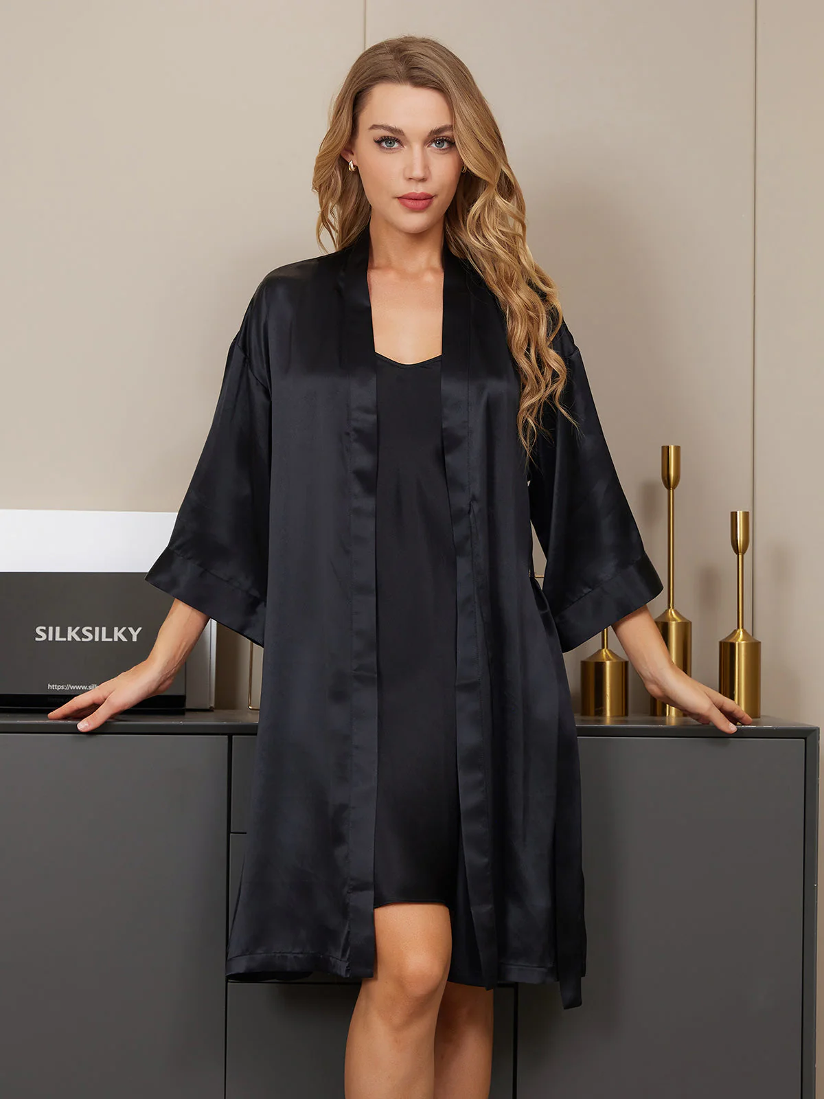 Pure Silk Kimono Dressing Gown & V‑Neck Nightdress Set - Image 25
