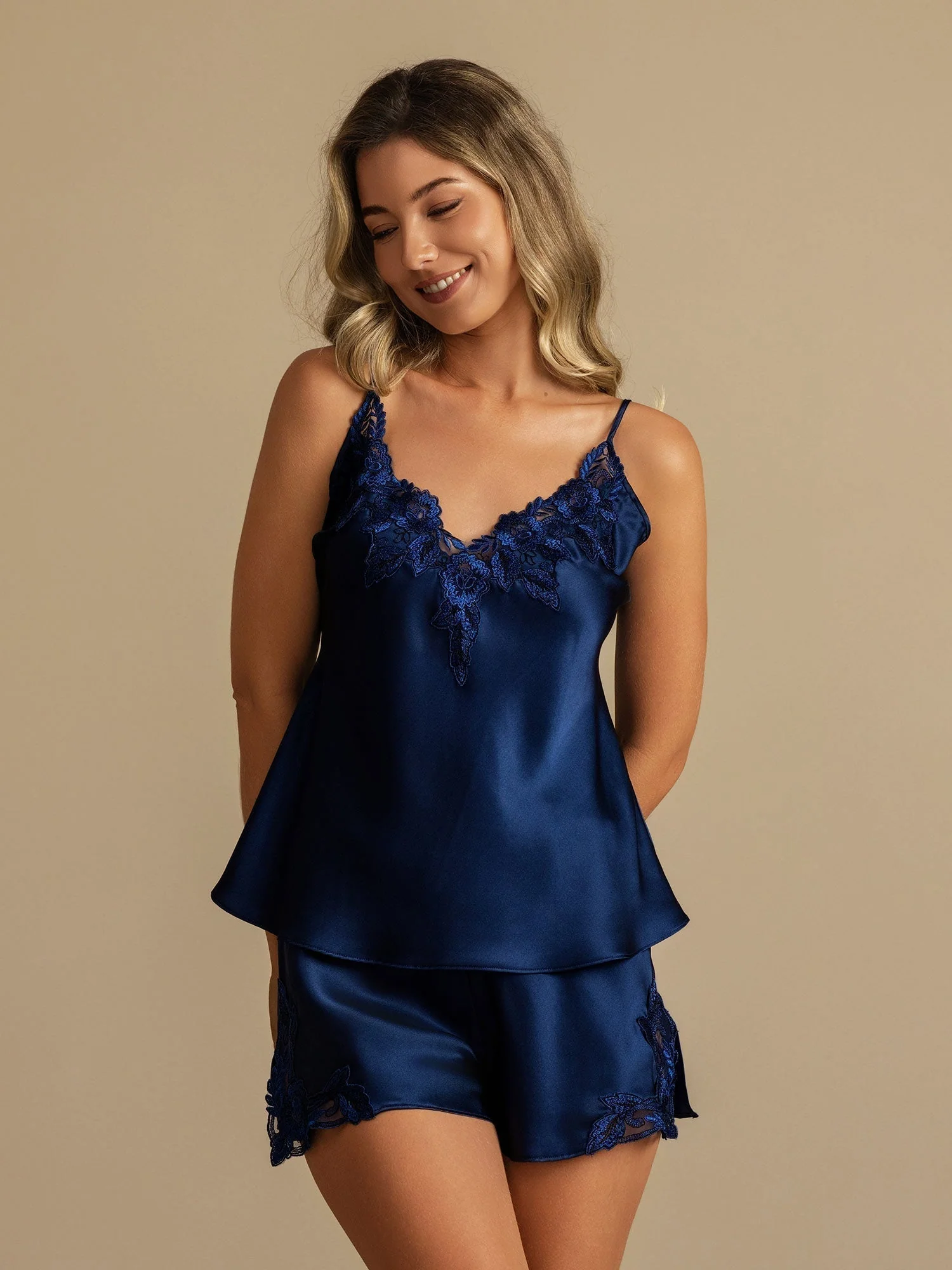 Pure Silk Spaghetti Strap Deep V Neck Camisole Set with Lace Design - Image 20