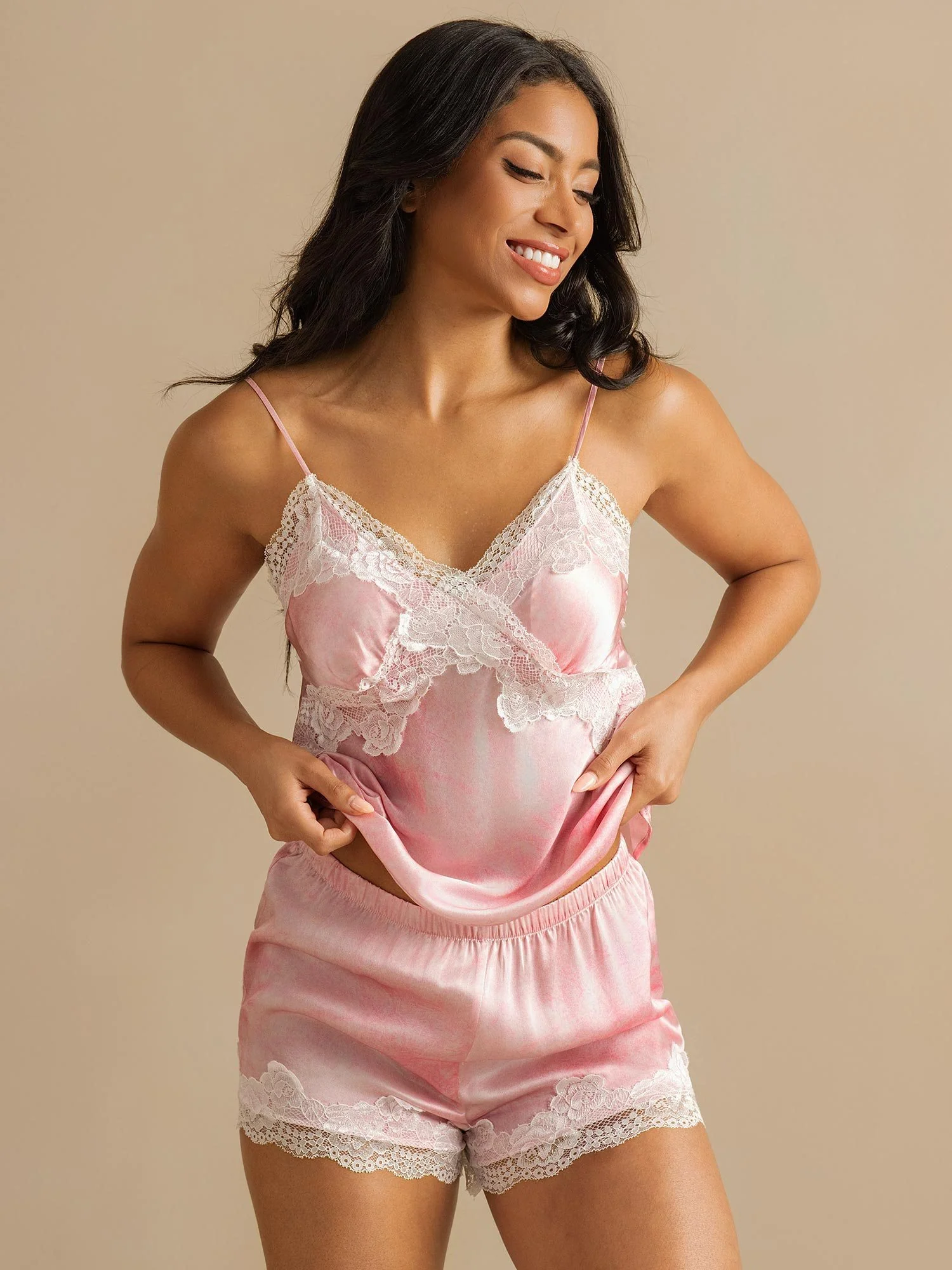 Pure Silk Lace Spaghetti Strap V Neck Elegant Camisole Set - Image 3