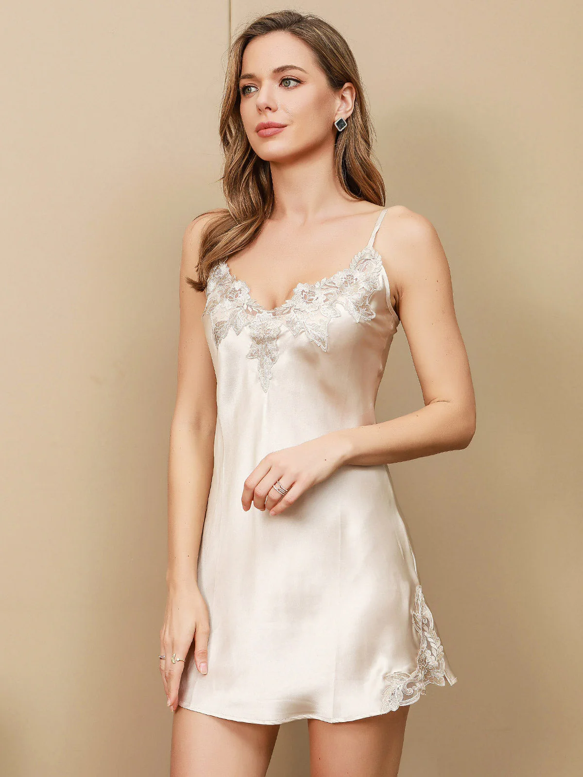Pure Silk Spaghetti Strap Mini Nightdress with Lace Design - Image 18