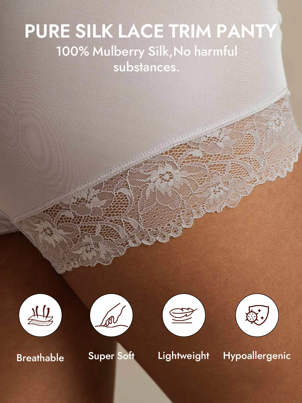 100% Mulberry Silk High Rise Knickers Lace Trim Panty - Image 3