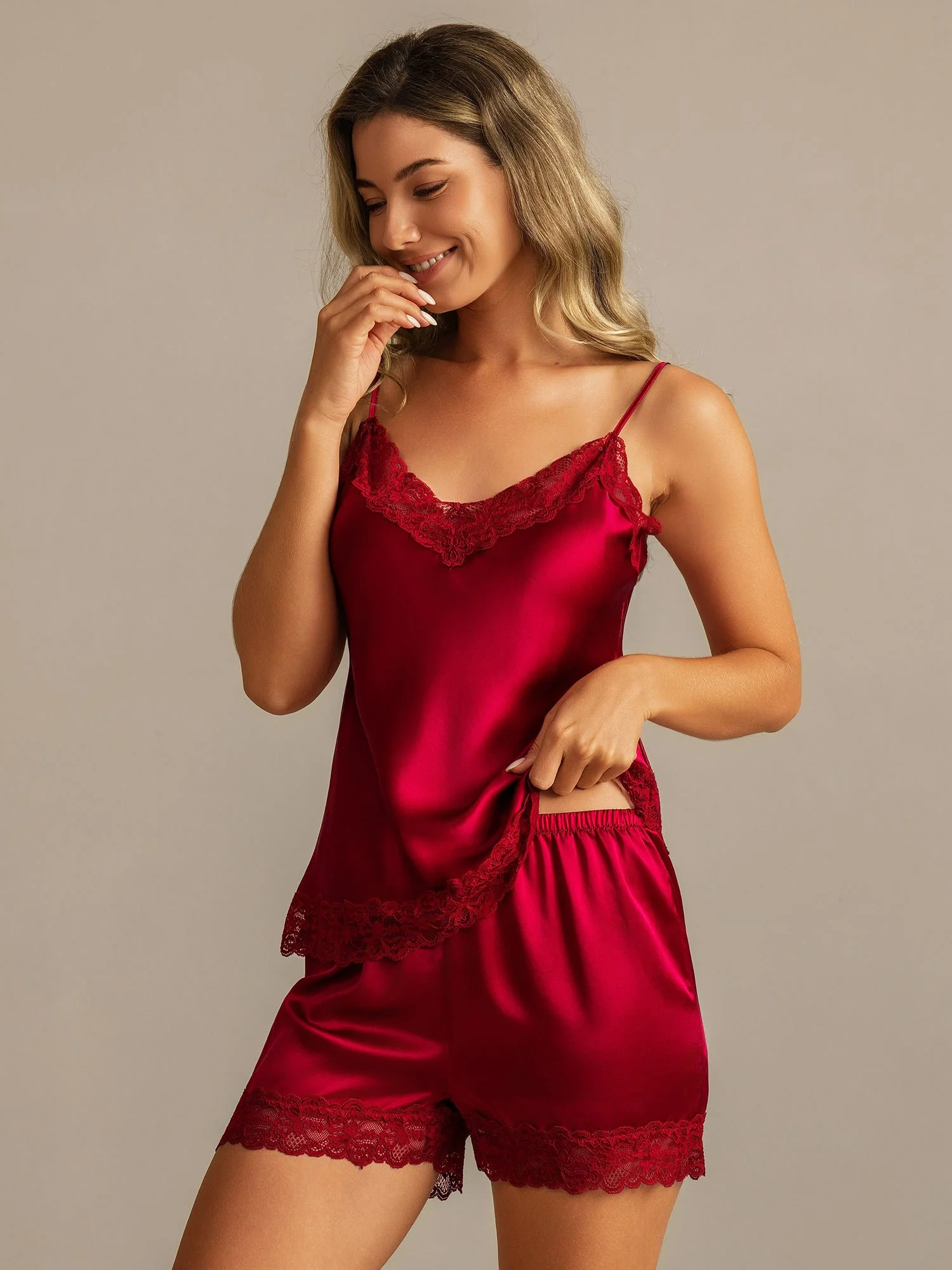 Pure Silk Lace Trim Spaghetti Strap V Neck Sexy Camisole Set - Image 3