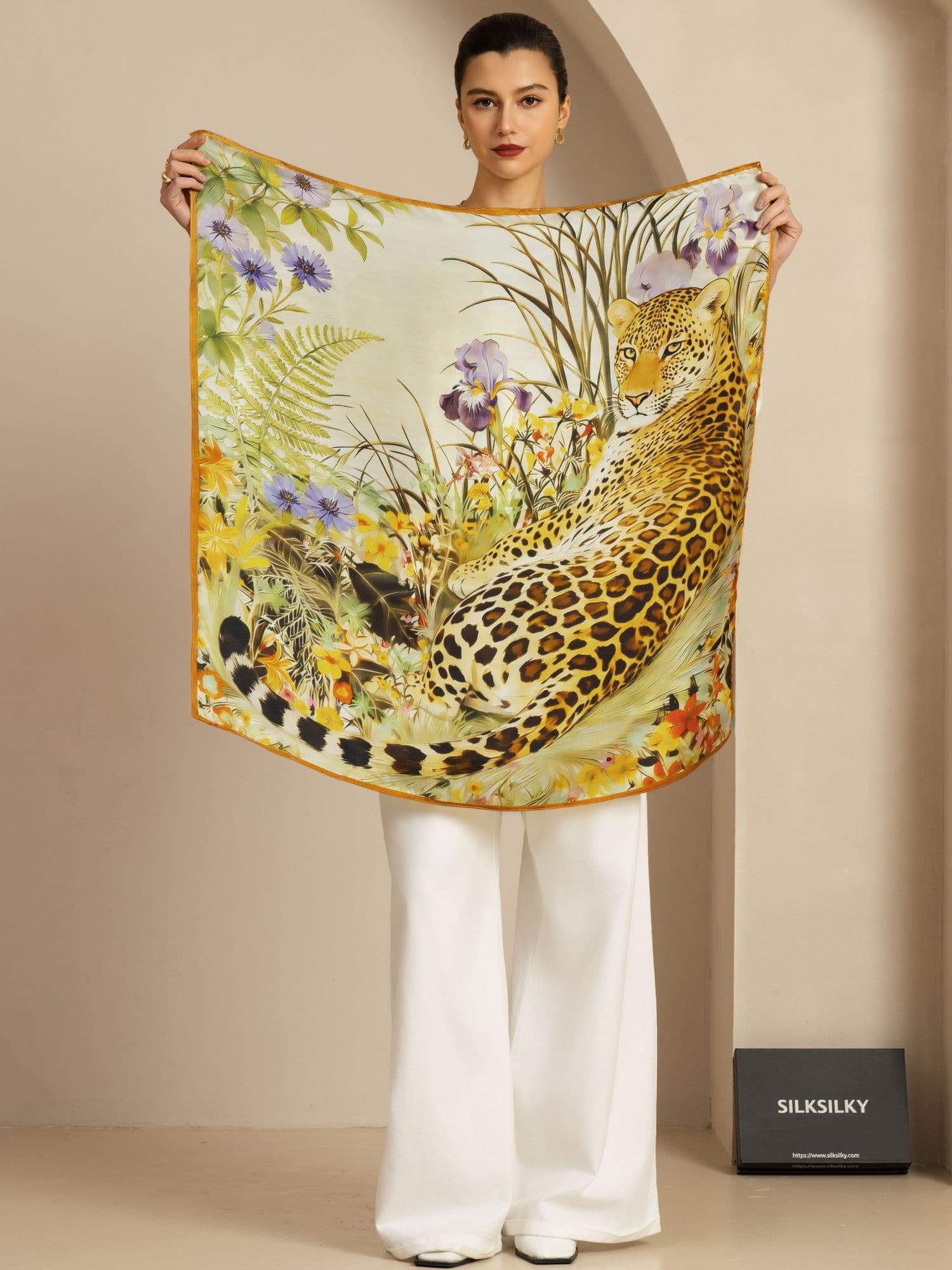 Pure Silk Leopard & Floral Scarf - Size 90x90cm - Image 3