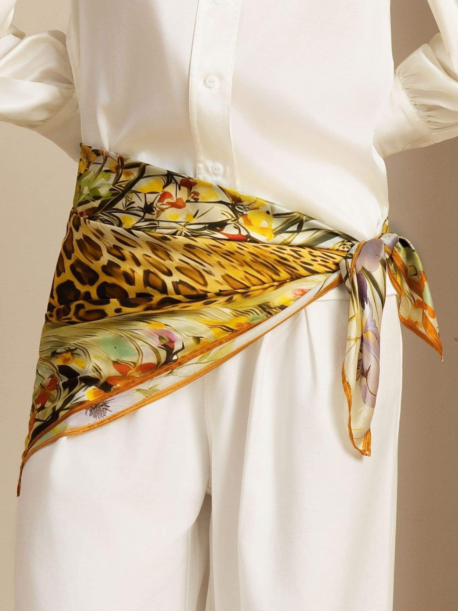 Pure Silk Leopard & Floral Scarf - Size 90x90cm - Image 4