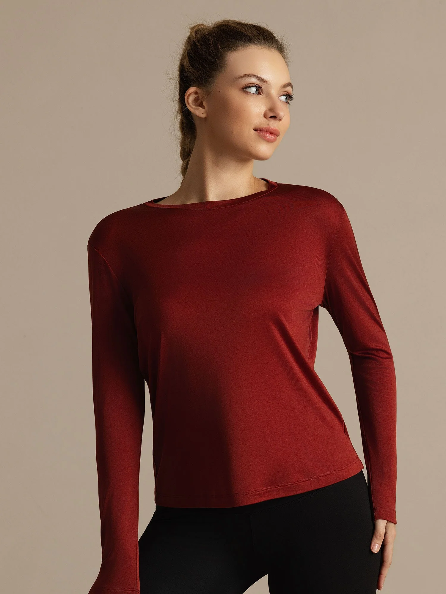 Pure Silk Long Sleeve Round Neck Women's Sport T-shirt - Image 29