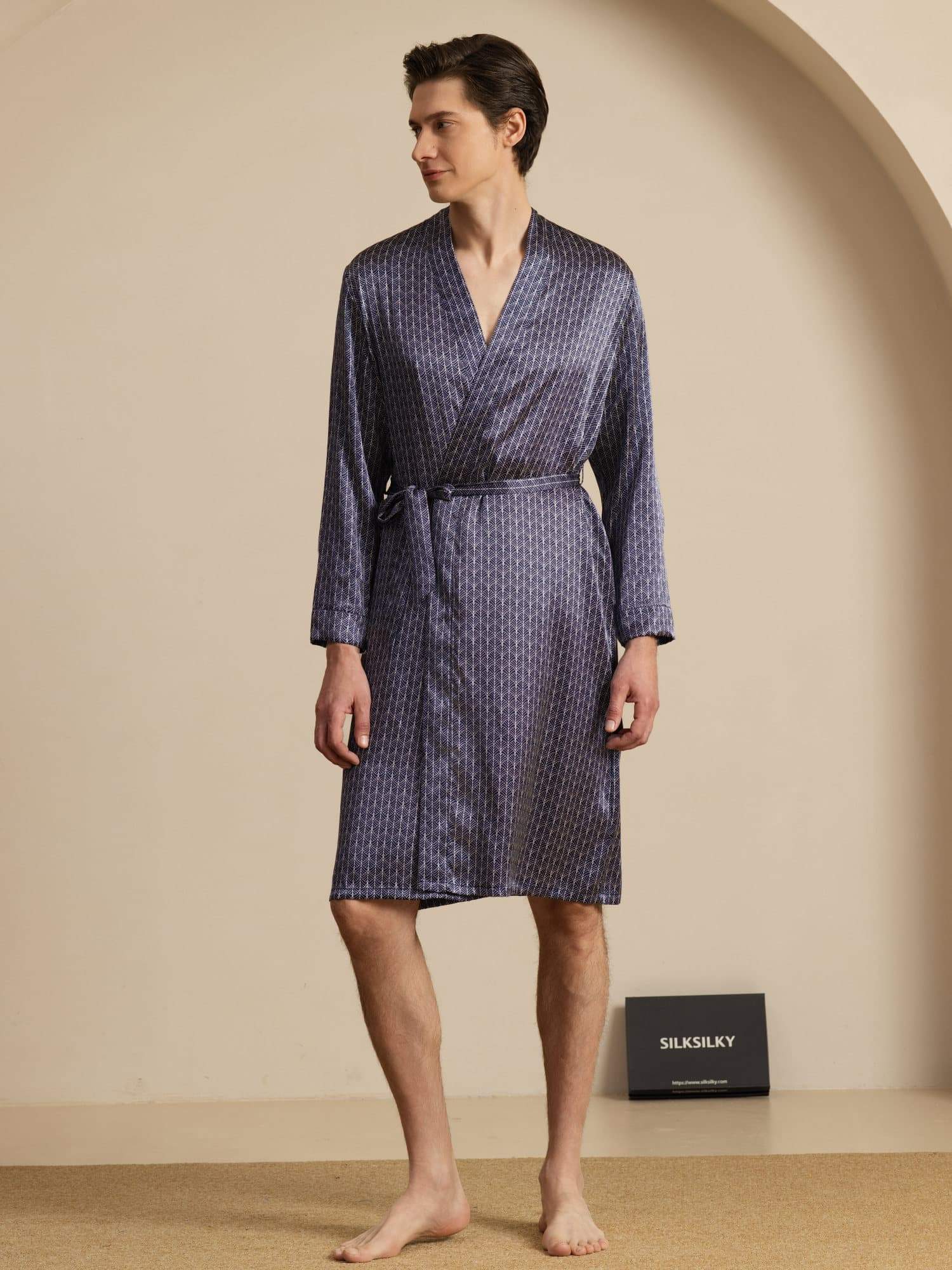 Pure Silk Men’s Knee Length Ginkgo Printed Robe With Belted Design - Image 10