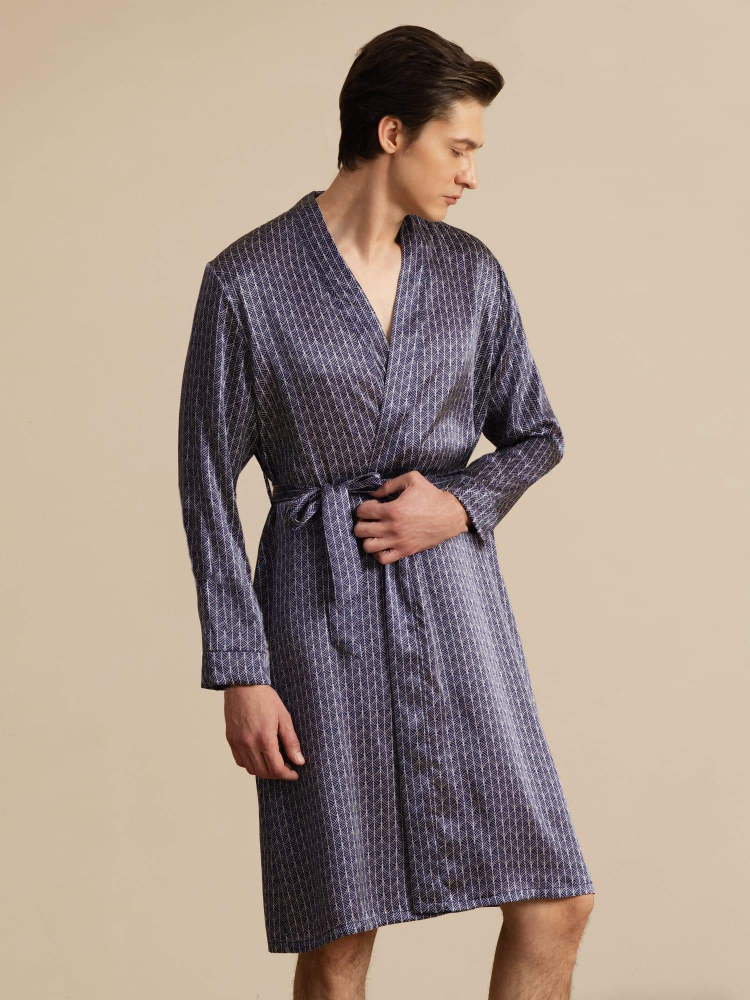 Pure Silk Men’s Knee Length Ginkgo Printed Robe With Belted Design - Image 11