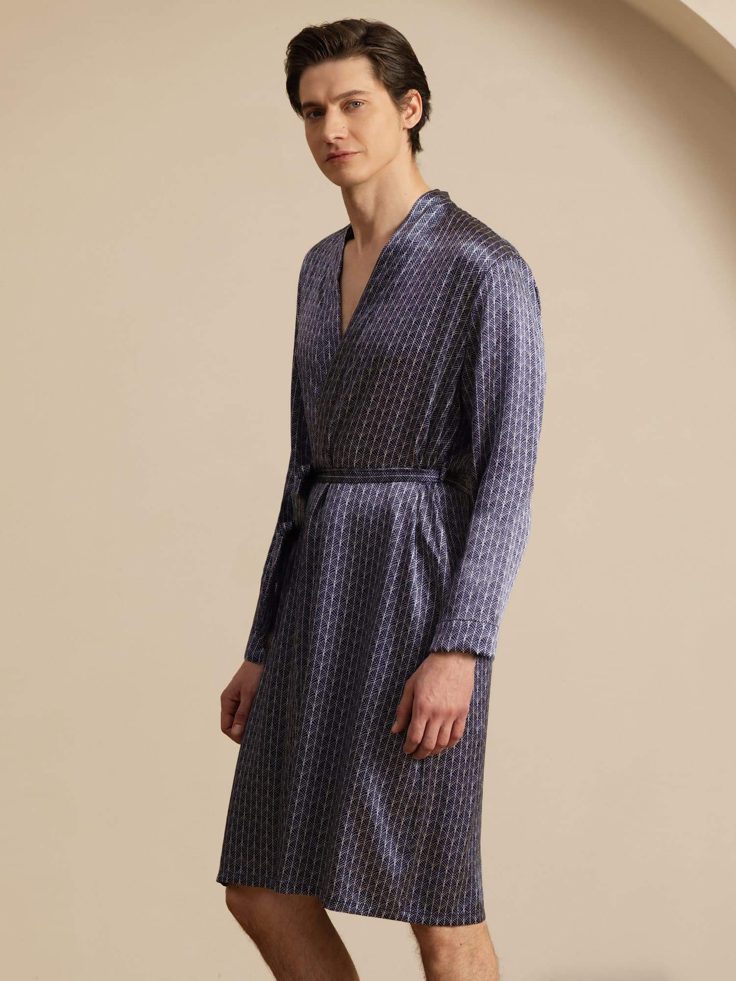 Pure Silk Men’s Knee Length Ginkgo Printed Robe With Belted Design - Image 12