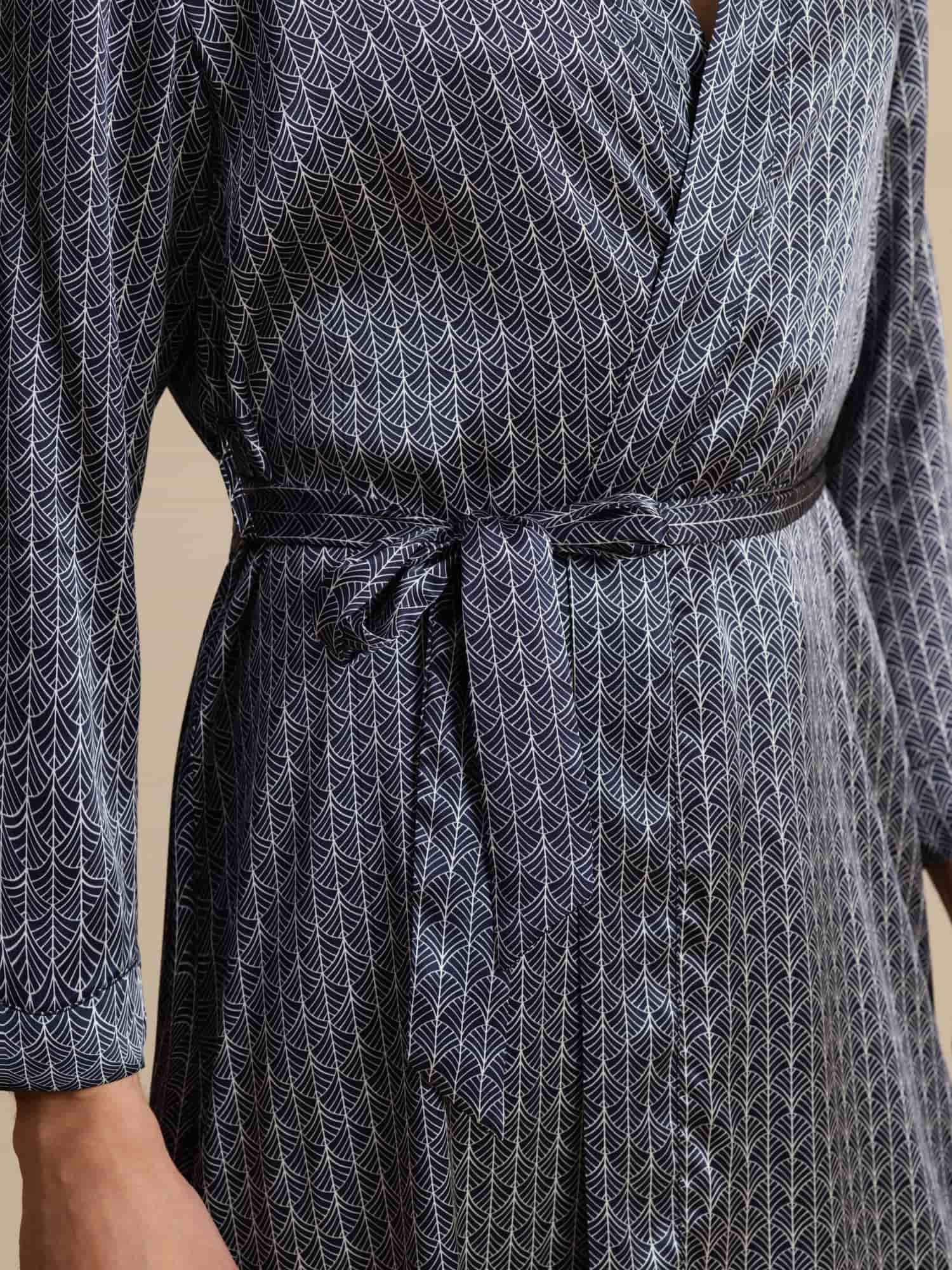 Pure Silk Men’s Knee Length Ginkgo Printed Robe With Belted Design - Image 13