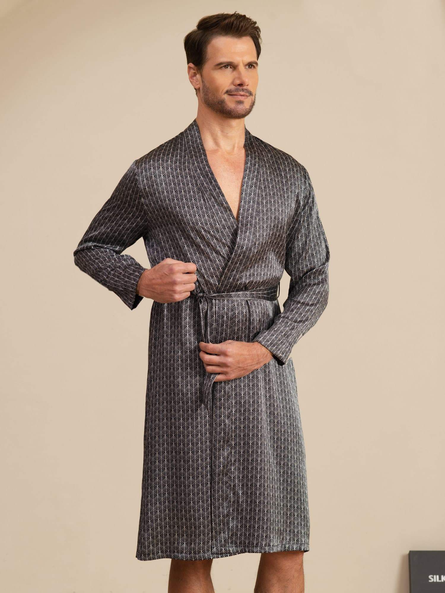 Pure Silk Men’s Knee Length Ginkgo Printed Robe With Belted Design - Image 3