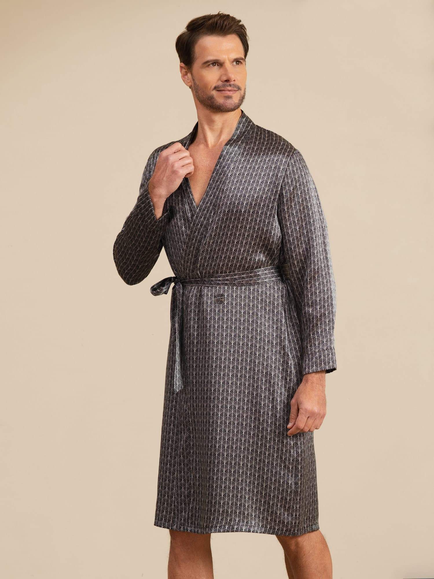 Pure Silk Men’s Knee Length Ginkgo Printed Robe With Belted Design - Image 4