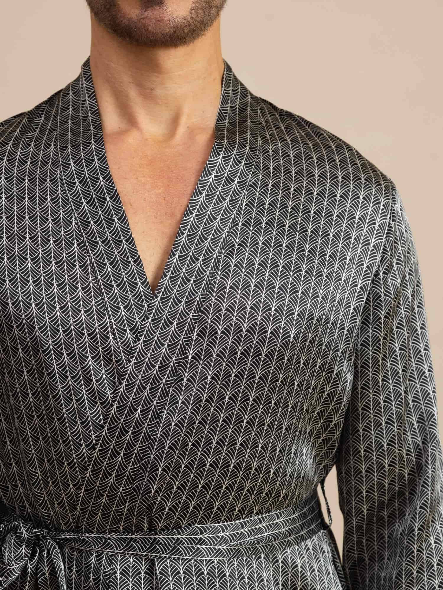 Pure Silk Men’s Knee Length Ginkgo Printed Robe With Belted Design - Image 5