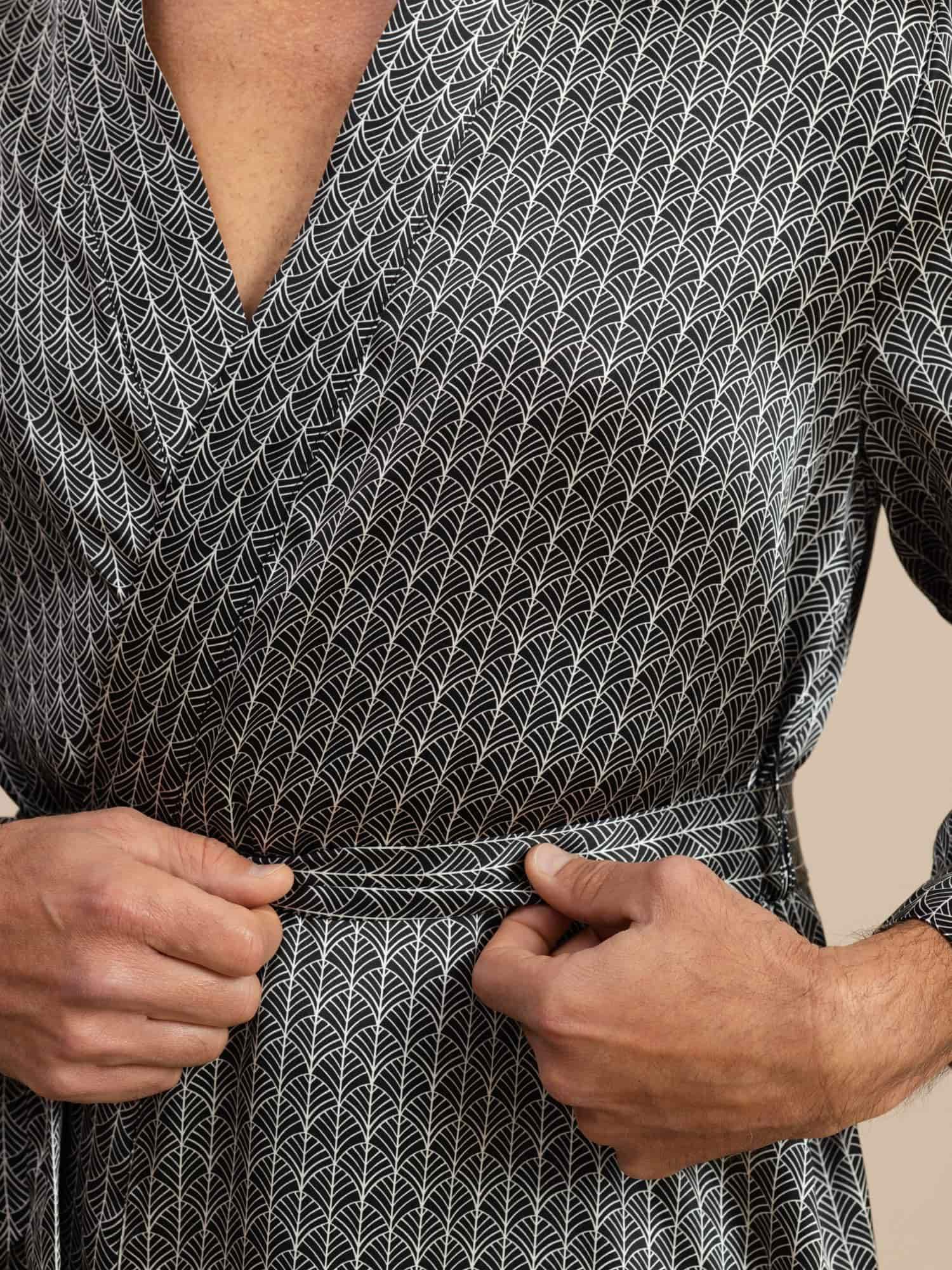 Pure Silk Men’s Knee Length Ginkgo Printed Robe With Belted Design - Image 6