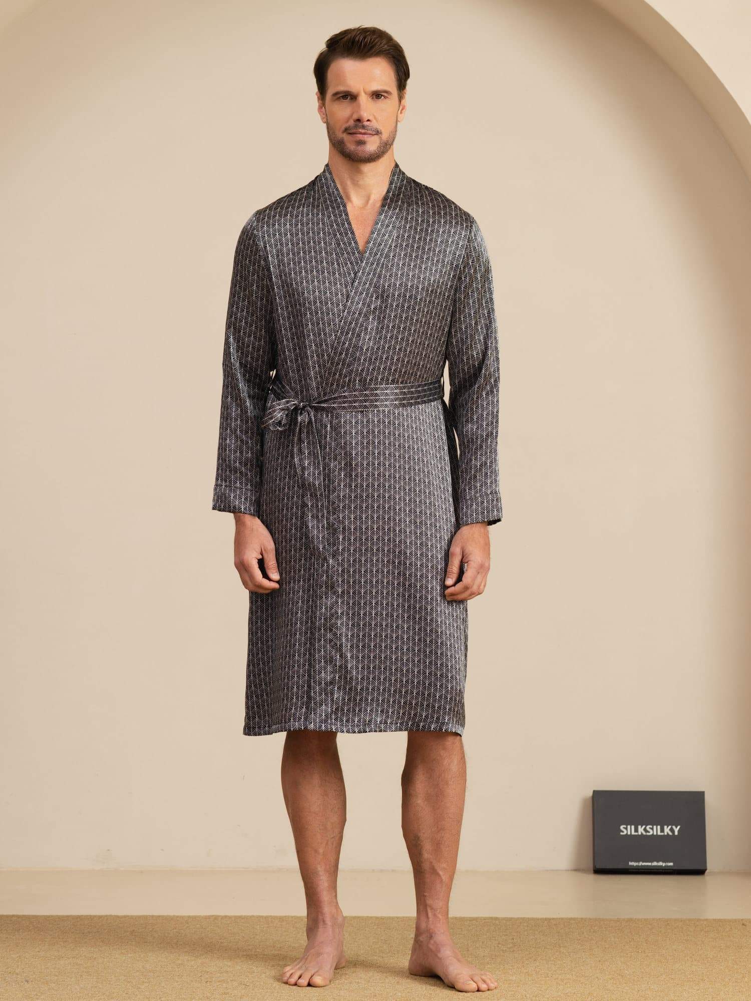 Pure Silk Men’s Knee Length Ginkgo Printed Robe With Belted Design - Image 7