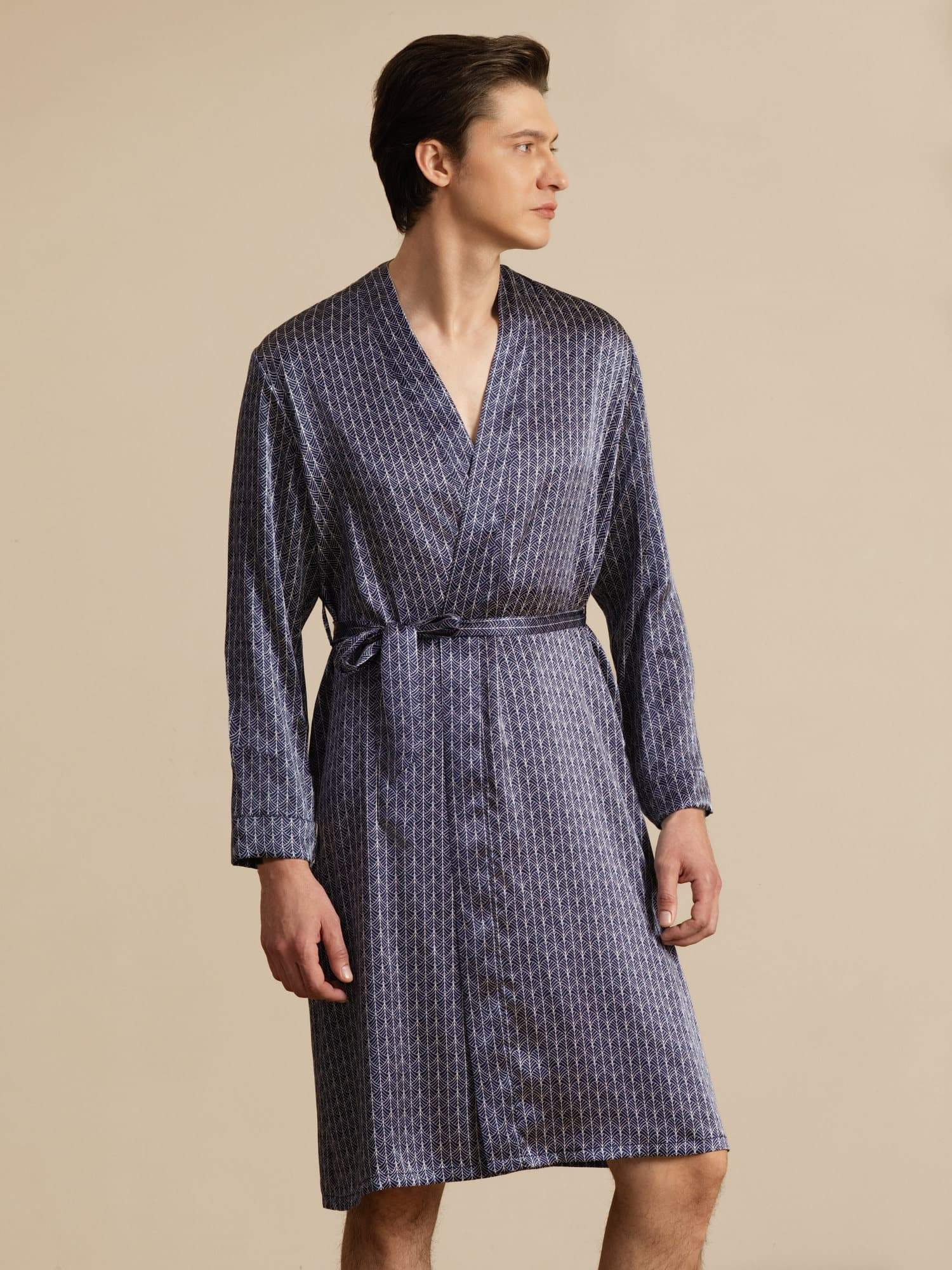 Pure Silk Men’s Knee Length Ginkgo Printed Robe With Belted Design - Image 8