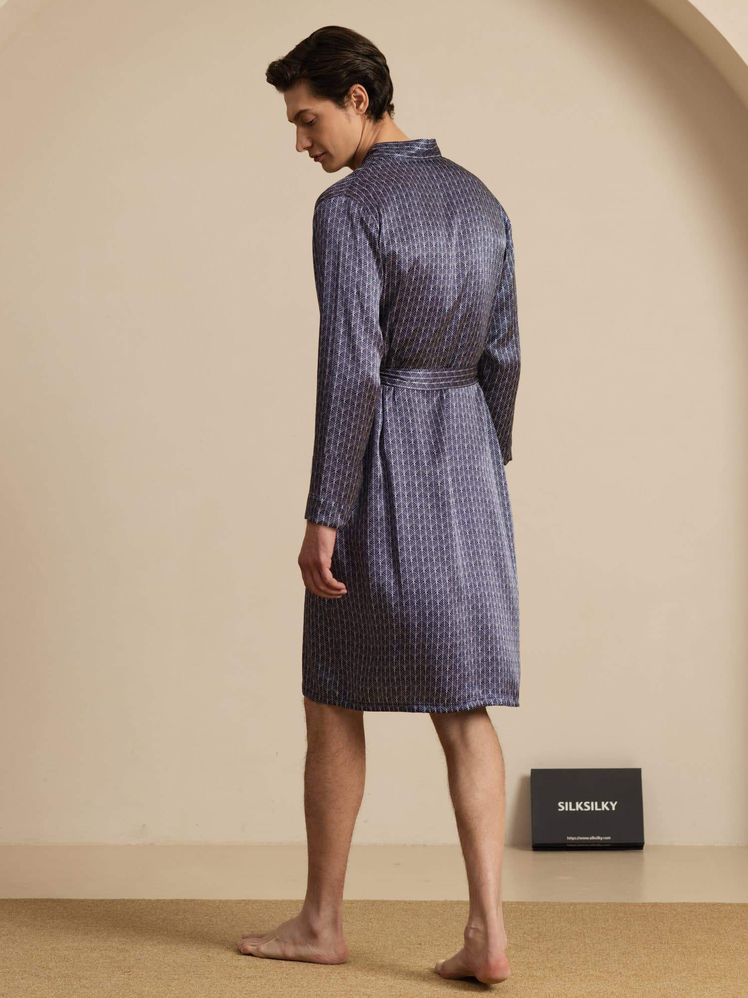 Pure Silk Men’s Knee Length Ginkgo Printed Robe With Belted Design - Image 9