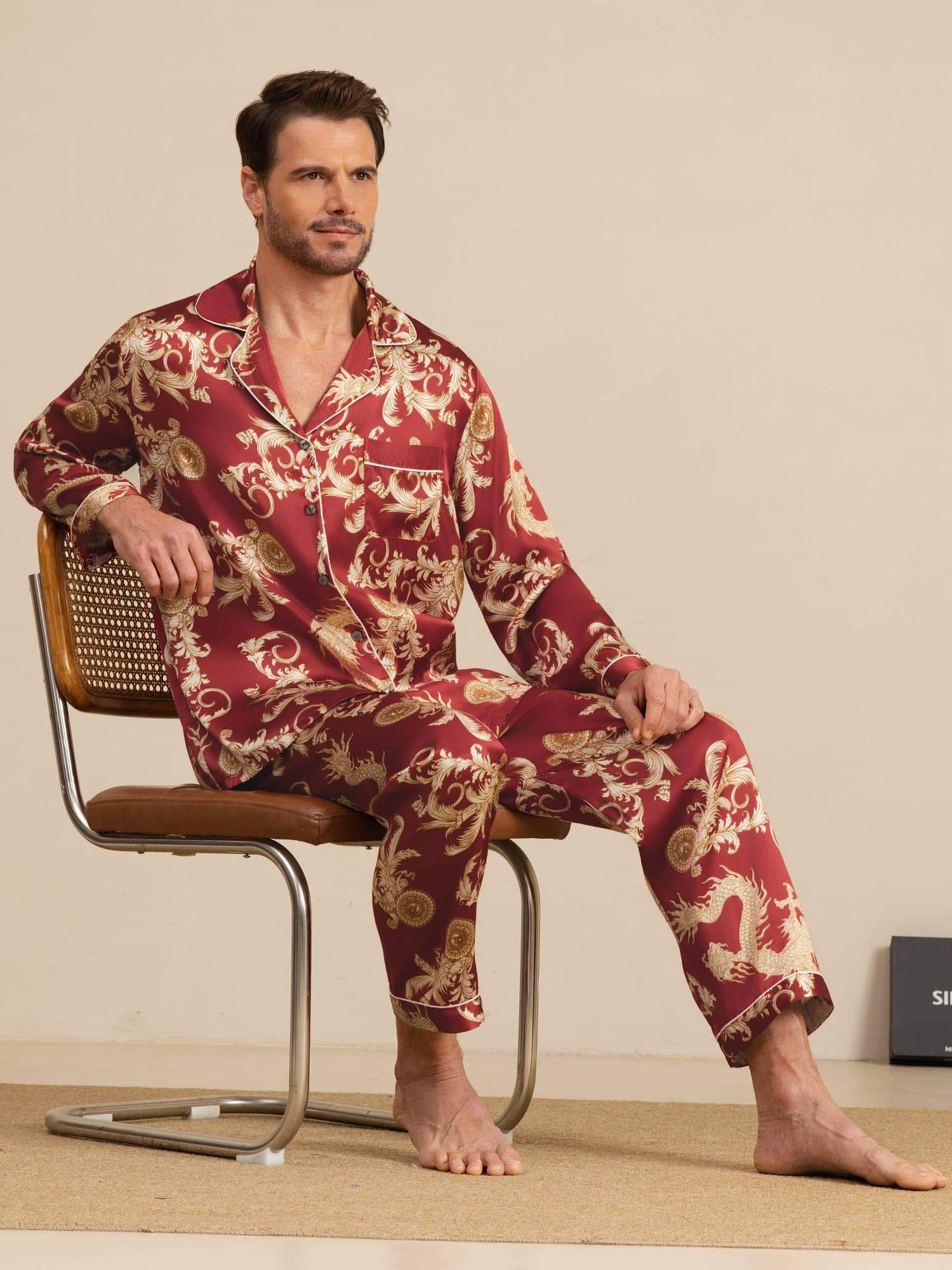 Pure Silk Men's Dragon Print  Long Sleeve Notch Collar Pajamas Set - Image 16