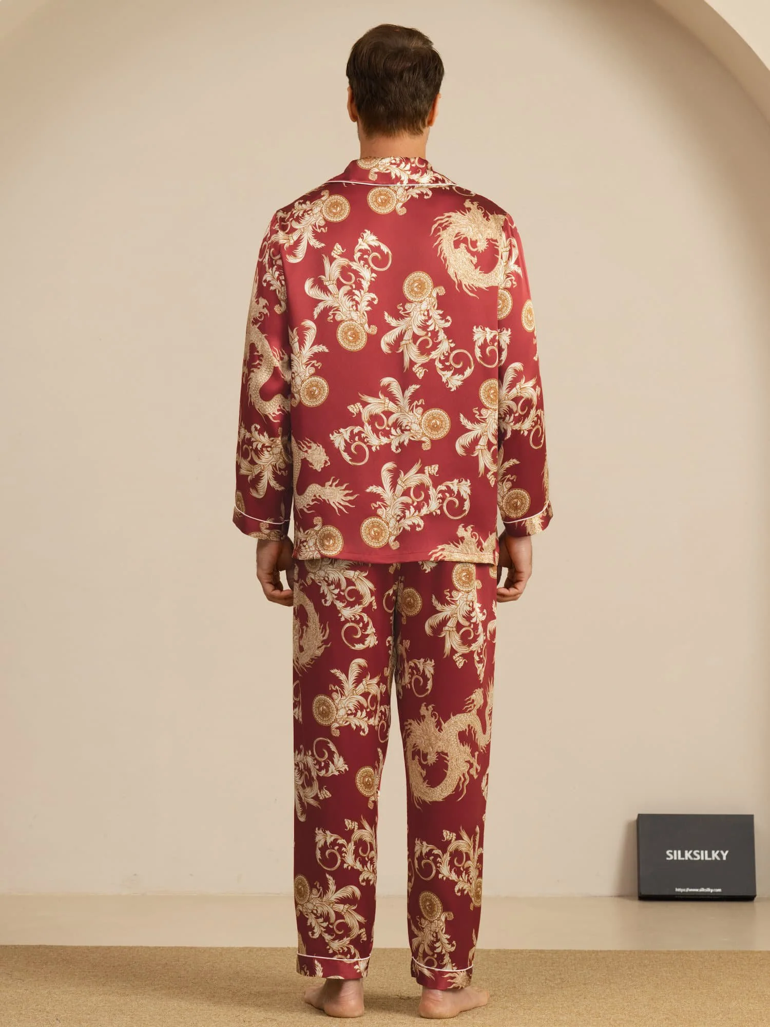 Pure Silk Men's Dragon Print  Long Sleeve Notch Collar Pajamas Set - Image 17