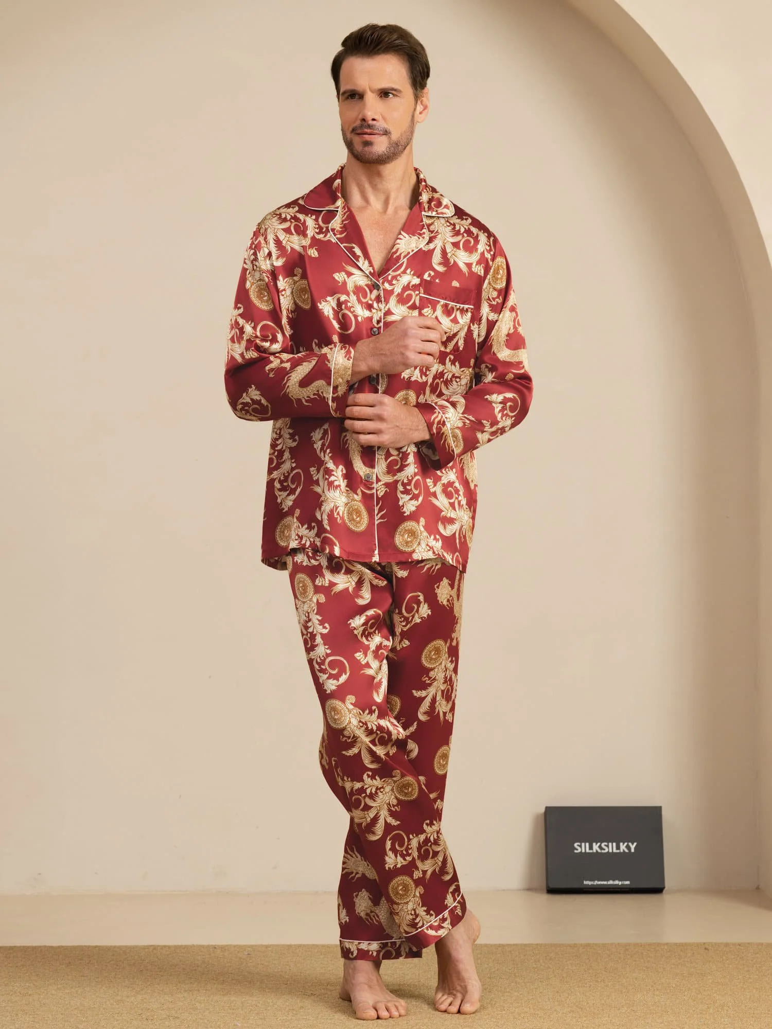 Pure Silk Men's Dragon Print  Long Sleeve Notch Collar Pajamas Set - Image 18