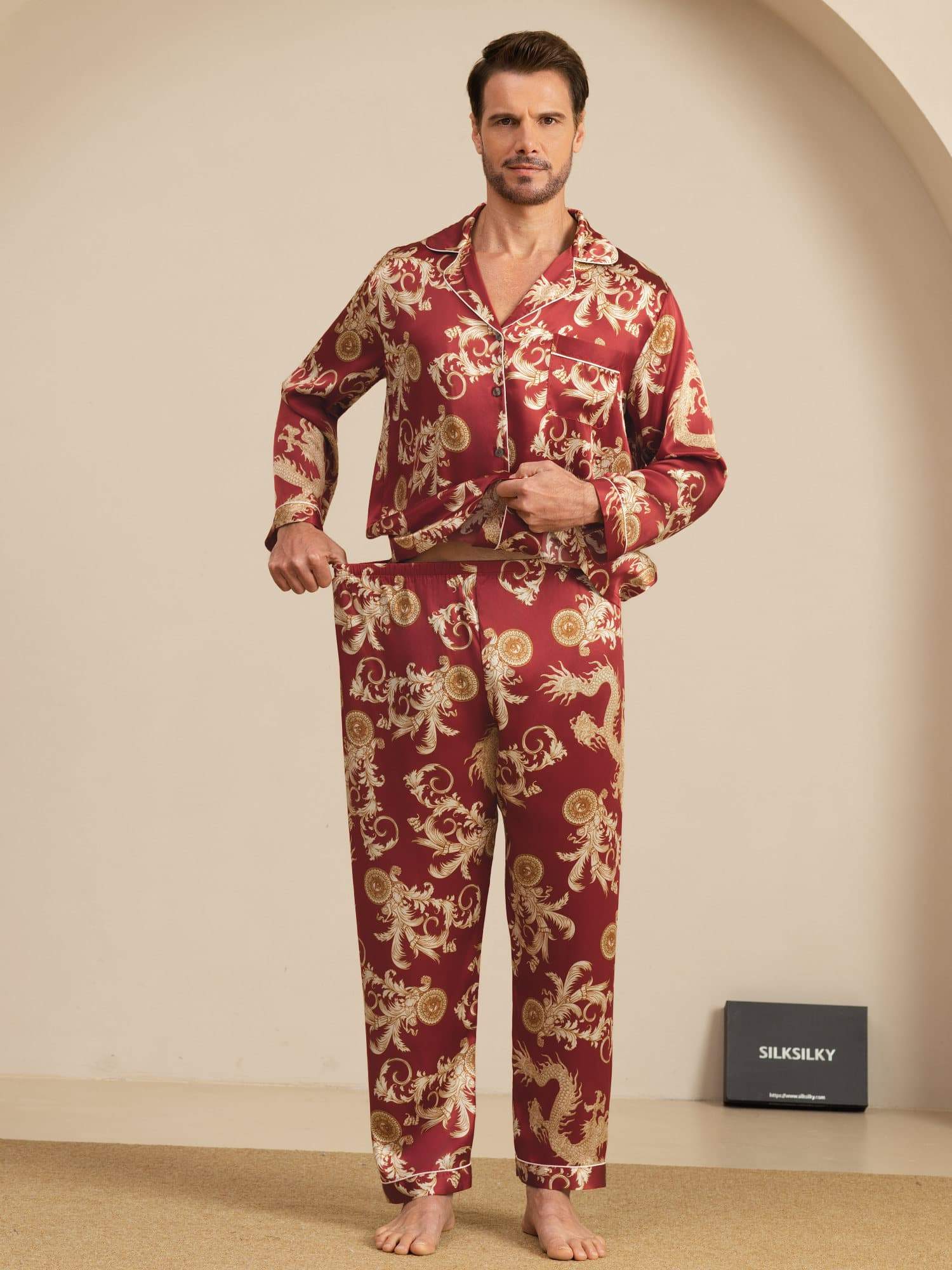 Pure Silk Men's Dragon Print  Long Sleeve Notch Collar Pajamas Set - Image 19