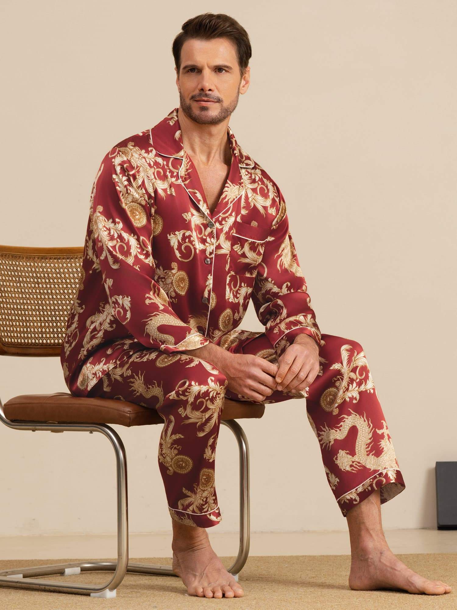 Pure Silk Men's Dragon Print  Long Sleeve Notch Collar Pajamas Set - Image 20