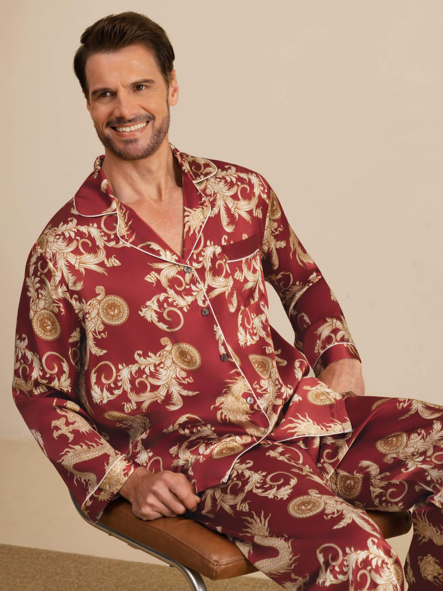 Pure Silk Men's Dragon Print  Long Sleeve Notch Collar Pajamas Set - Image 22