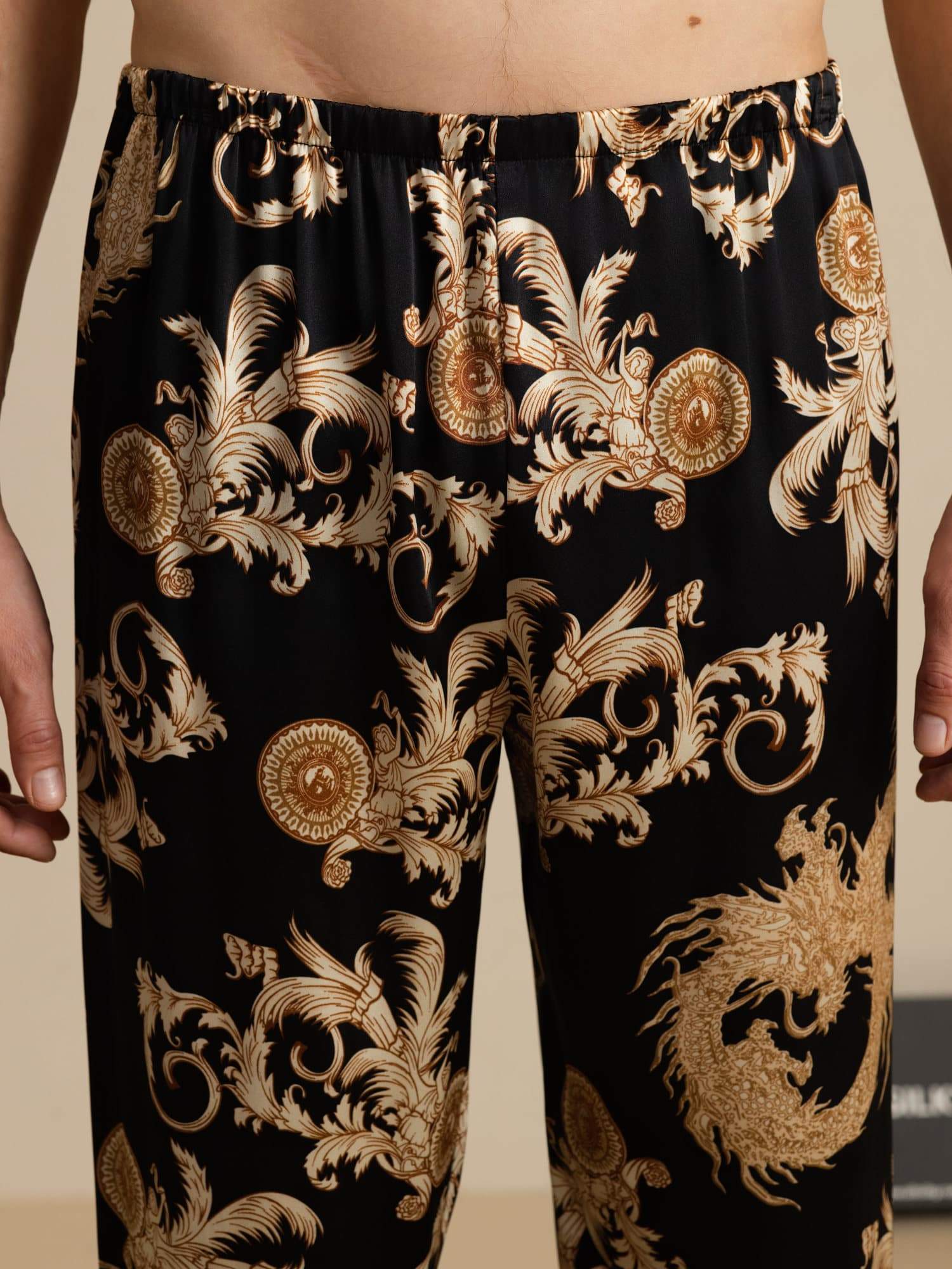 Pure Silk Men's Dragon Print Sleep Pants with Elastic Waist - Image 11