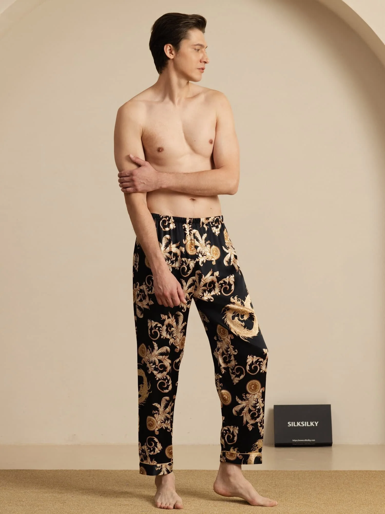 Pure Silk Men's Dragon Print Sleep Pants with Elastic Waist - Image 12
