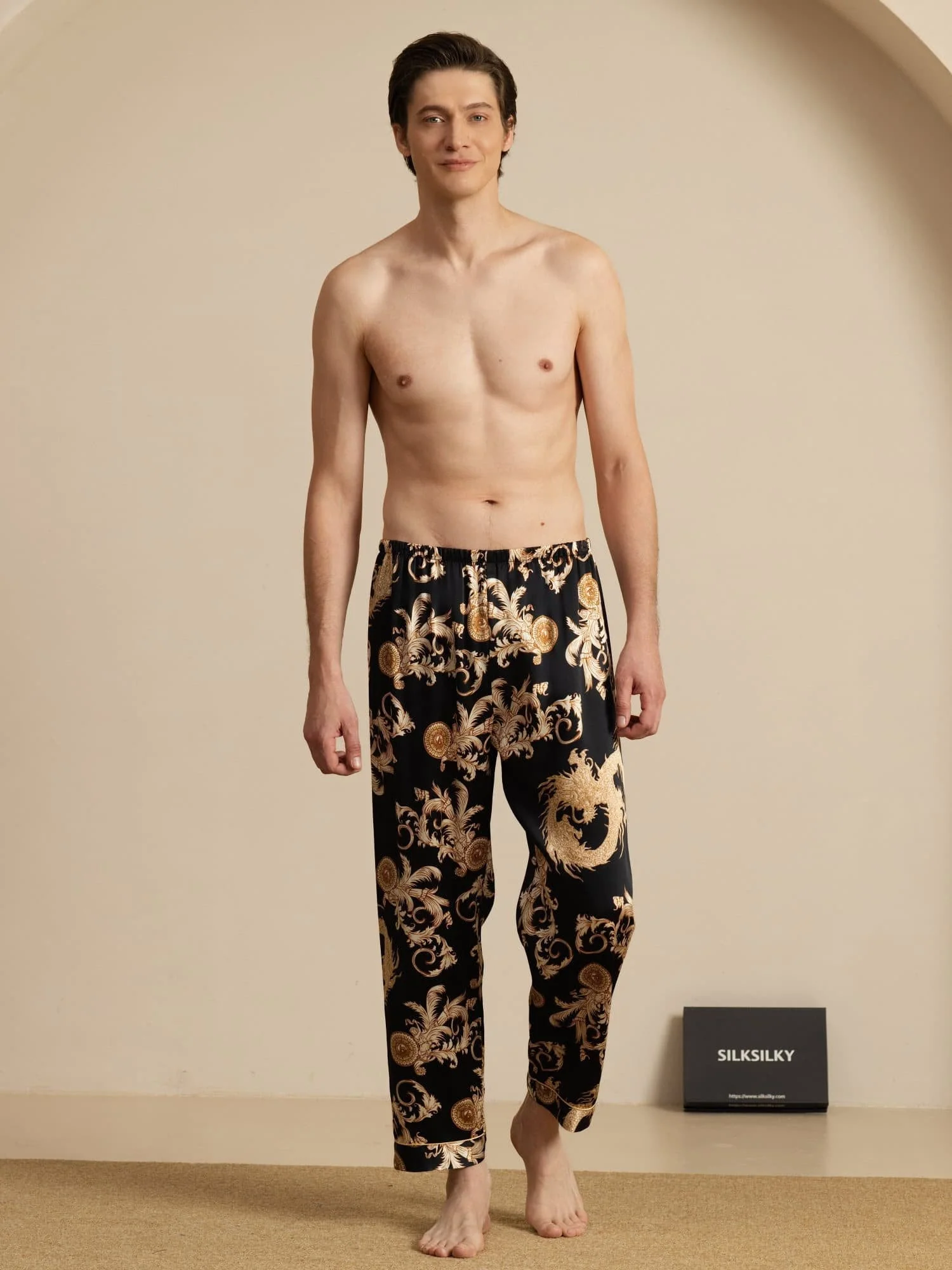 Pure Silk Men's Dragon Print Sleep Pants with Elastic Waist - Image 13