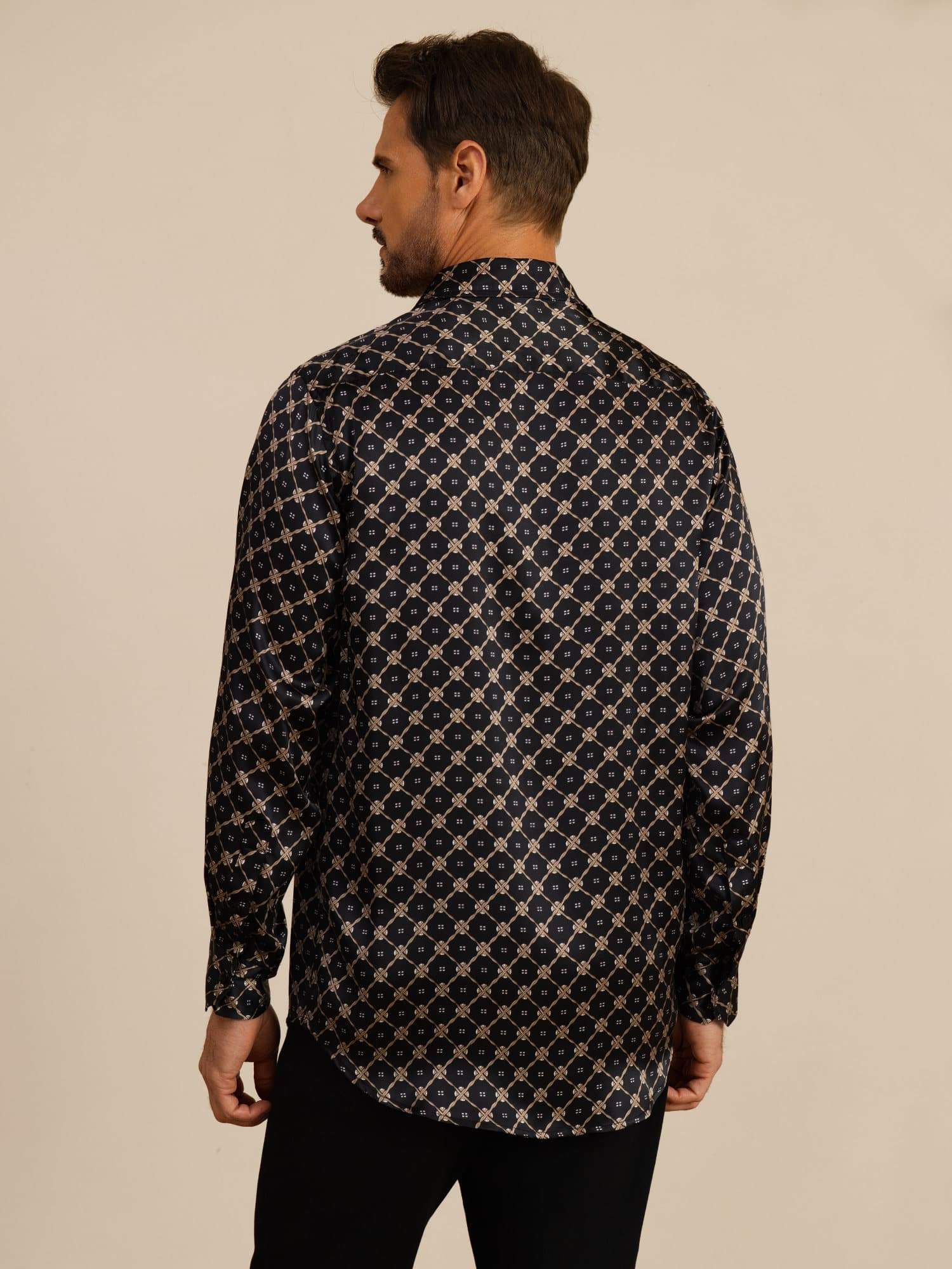 Pure Silk Men's Long Sleeve Lapel Collar Chain Print Shirt - Image 10