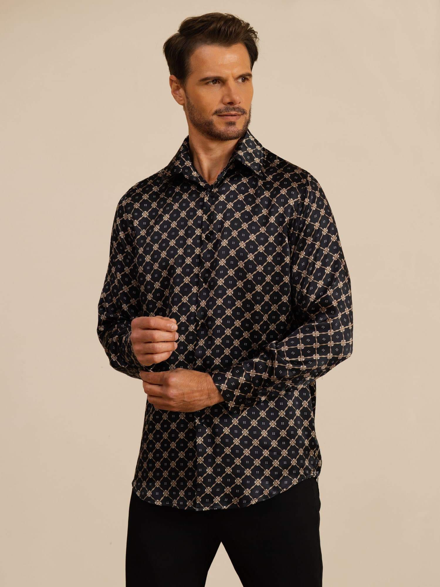 Pure Silk Men's Long Sleeve Lapel Collar Chain Print Shirt - Image 11