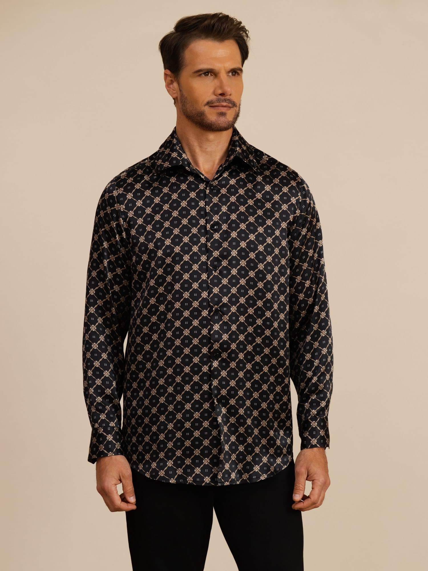 Pure Silk Men's Long Sleeve Lapel Collar Chain Print Shirt - Image 12