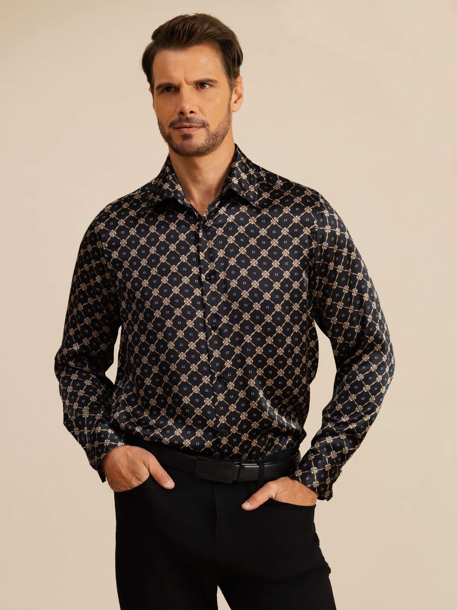 Pure Silk Men's Long Sleeve Lapel Collar Chain Print Shirt - Image 13