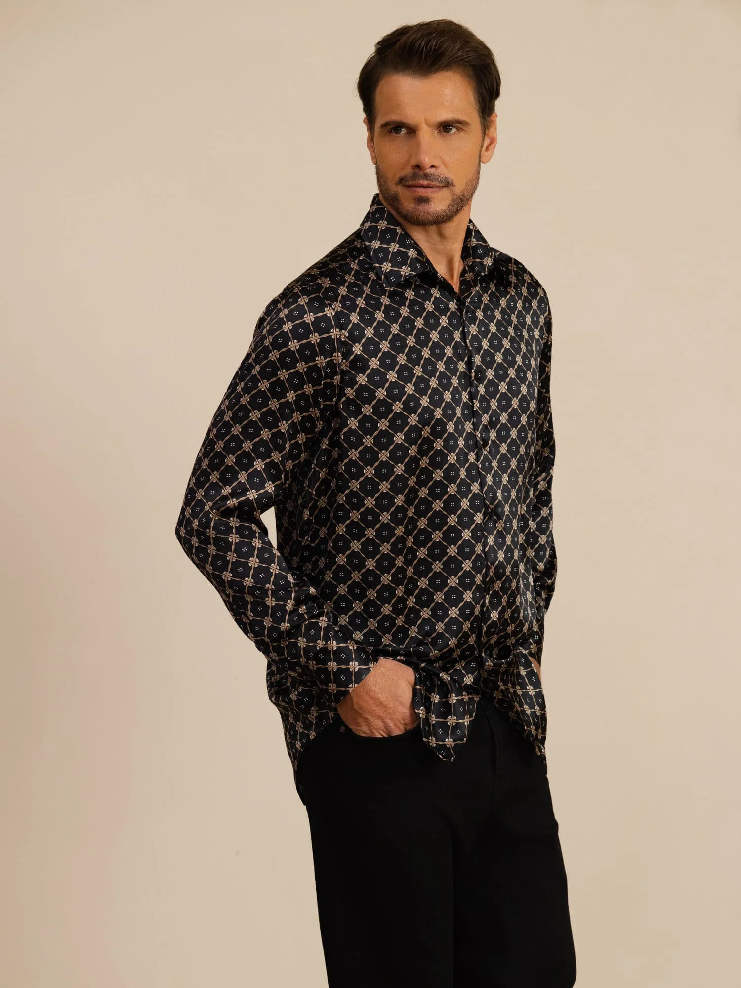 Pure Silk Men's Long Sleeve Lapel Collar Chain Print Shirt - Image 14