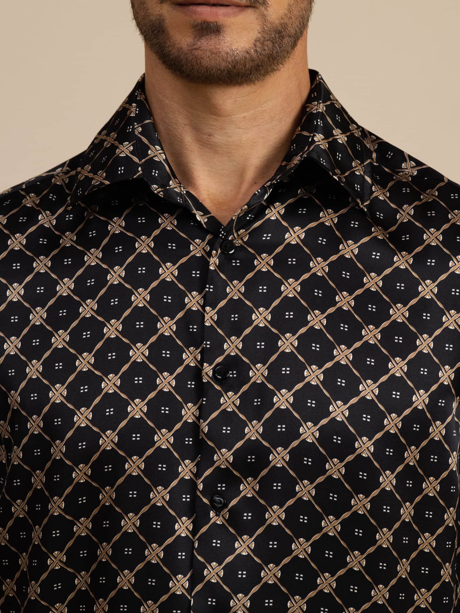 Pure Silk Men's Long Sleeve Lapel Collar Chain Print Shirt - Image 15