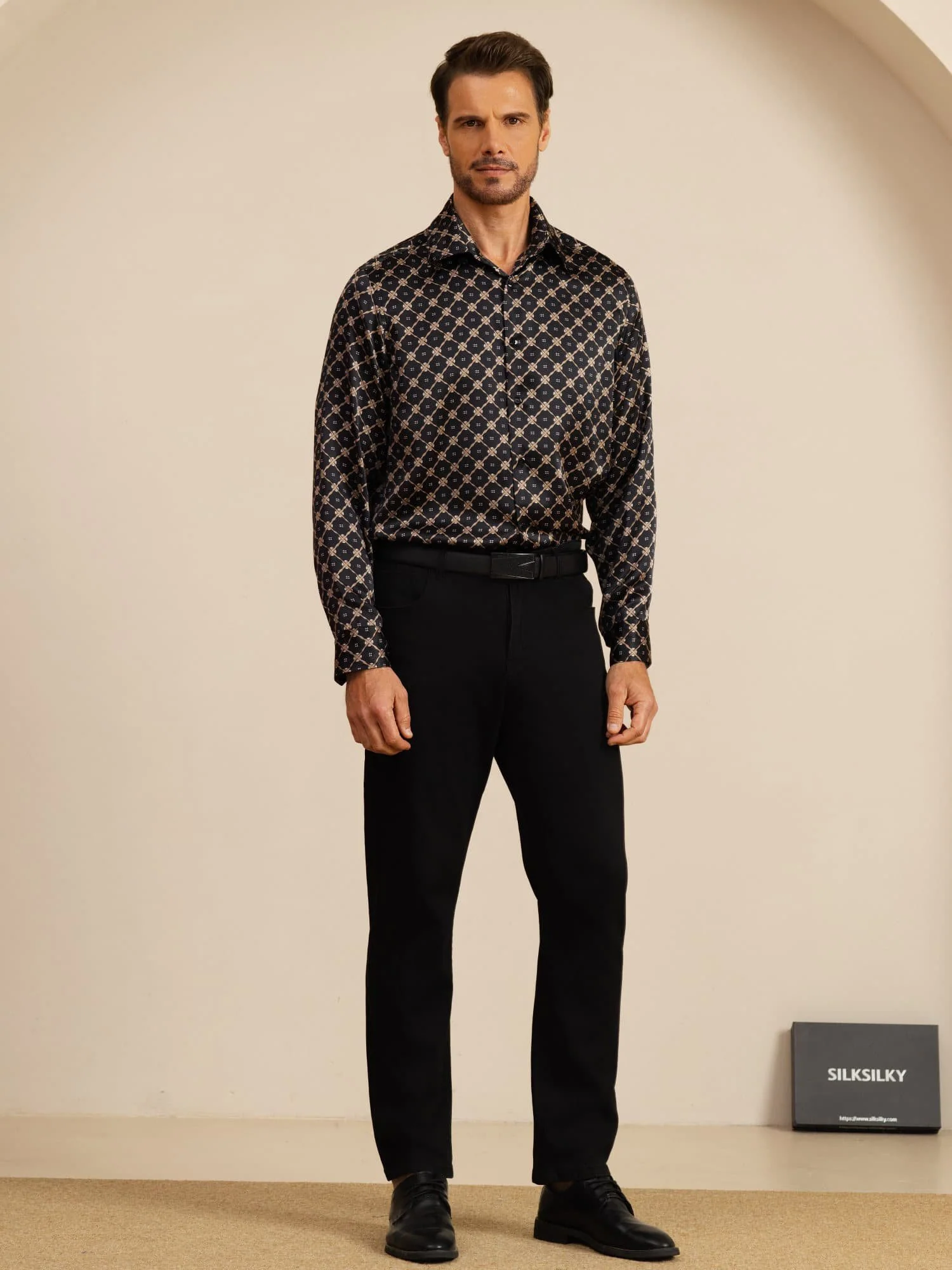Pure Silk Men's Long Sleeve Lapel Collar Chain Print Shirt - Image 16
