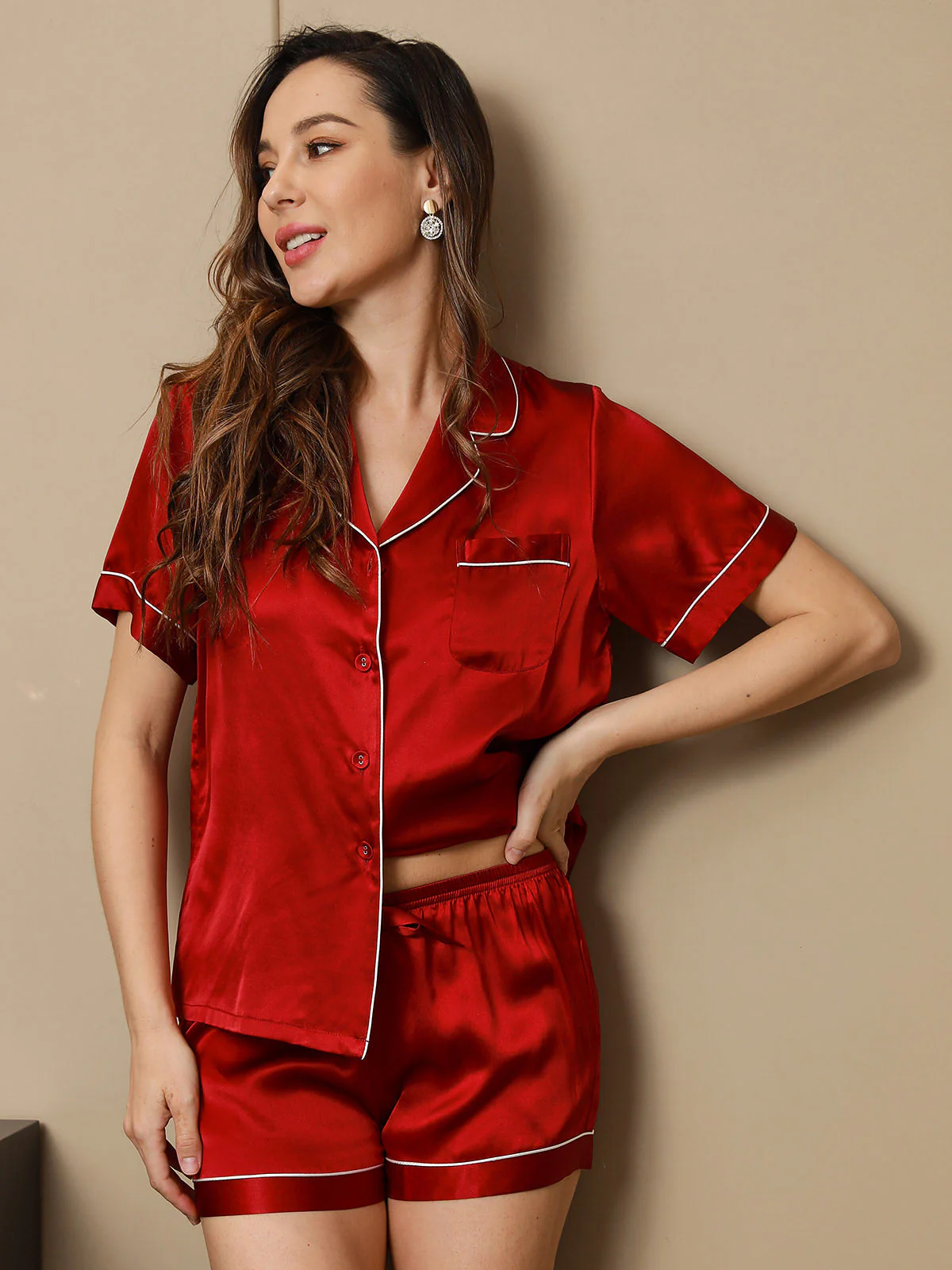 Women's Pure Silk Short Sleeve Notch Collar Pyjamas Set - Image 60