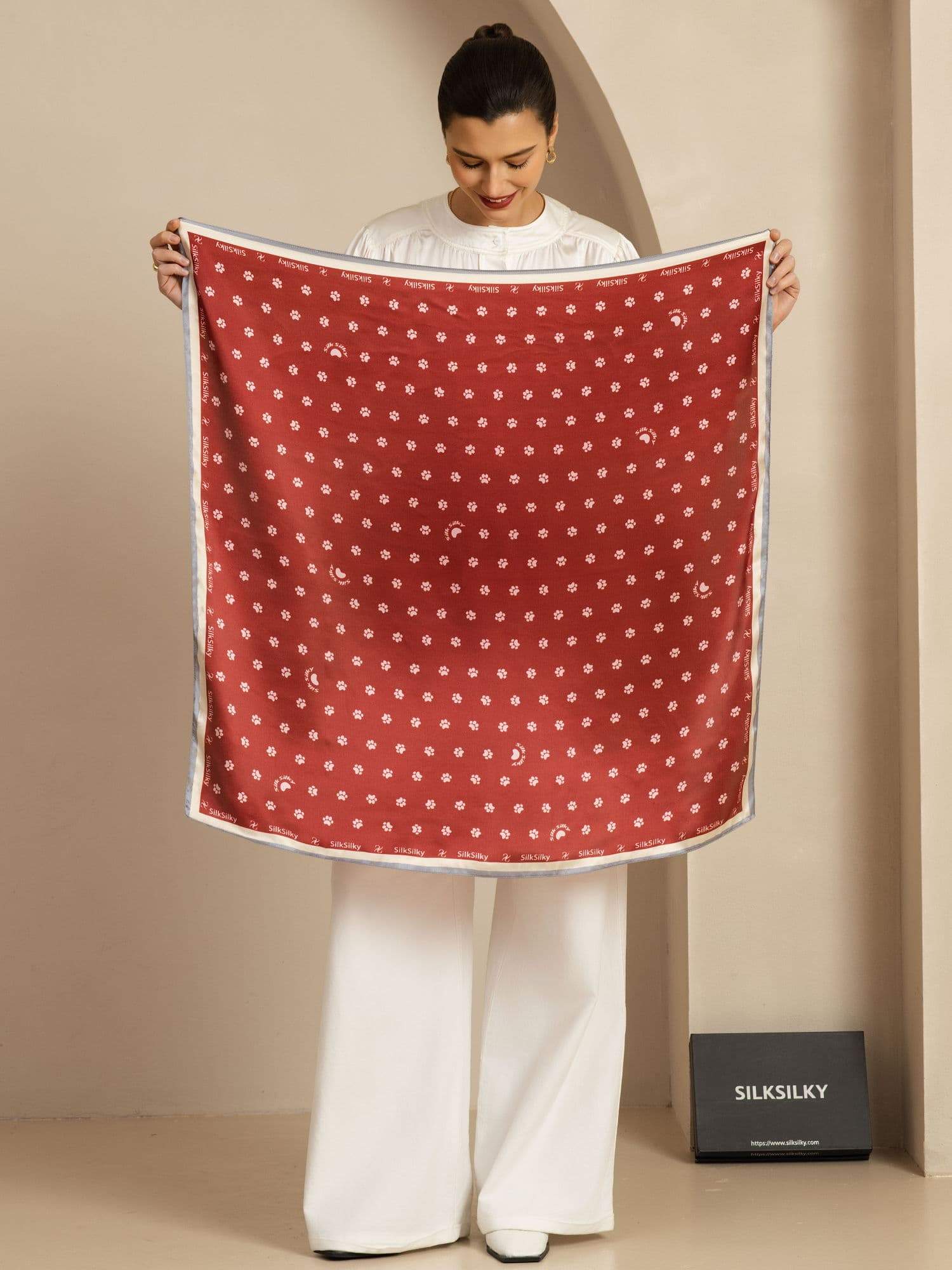Pure Silk Paw Print Square Scarf - Size 90x90cm - Image 4